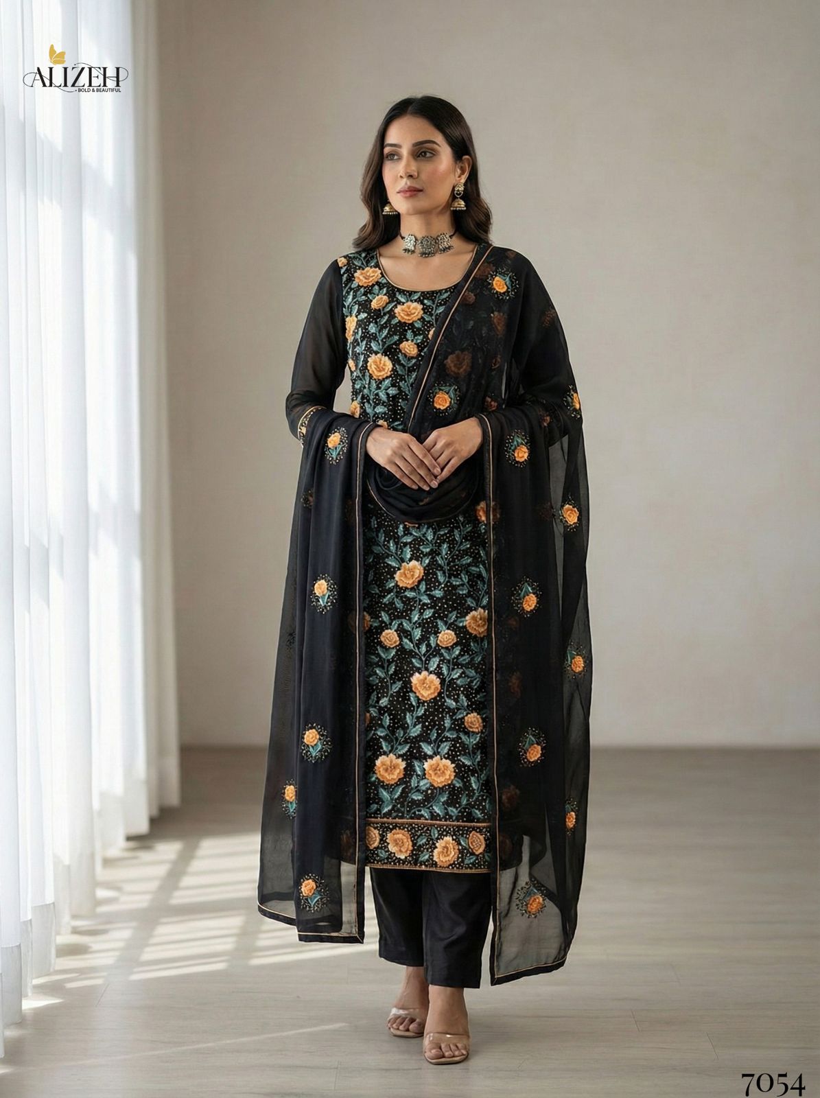 Alizeh 7054 To 7057 Georgette With Embroidered Work Kurti Pant And Dupatta