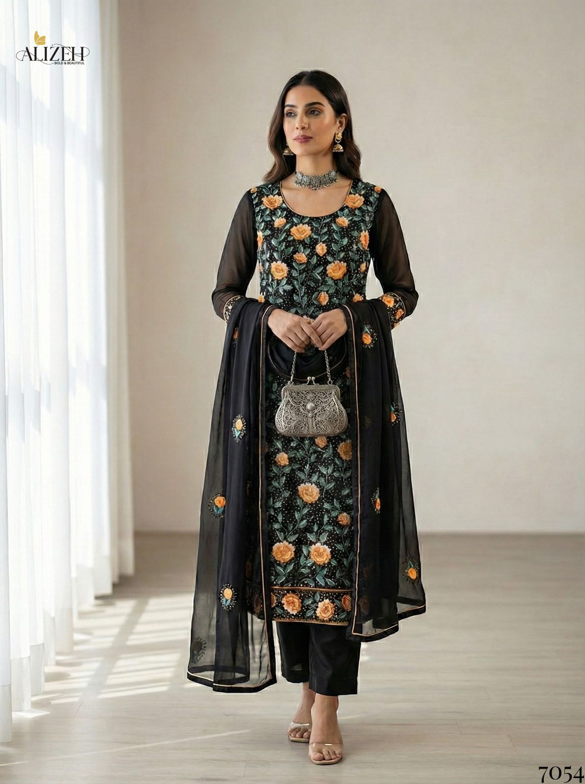 Alizeh 7054 To 7057 Georgette With Embroidered Work Kurti Pant And Dupatta