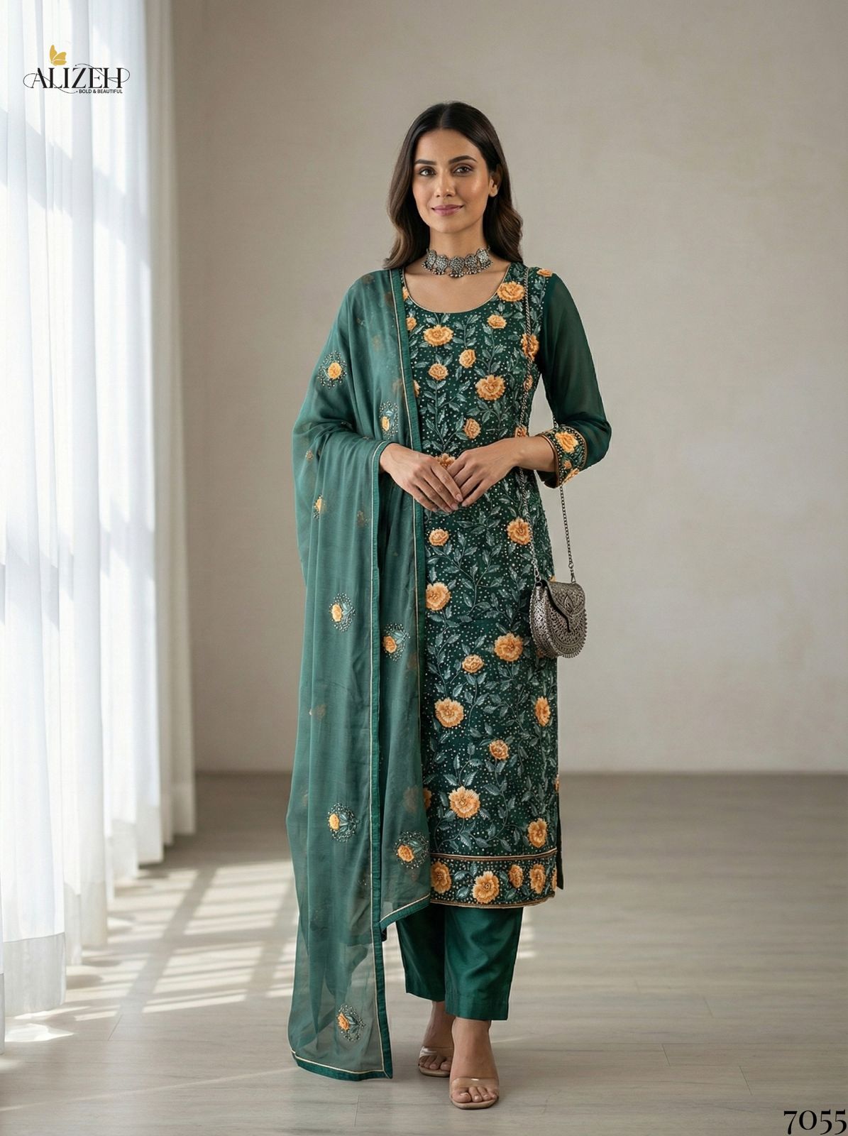 Alizeh 7054 To 7057 Georgette With Embroidered Work Kurti Pant And Dupatta