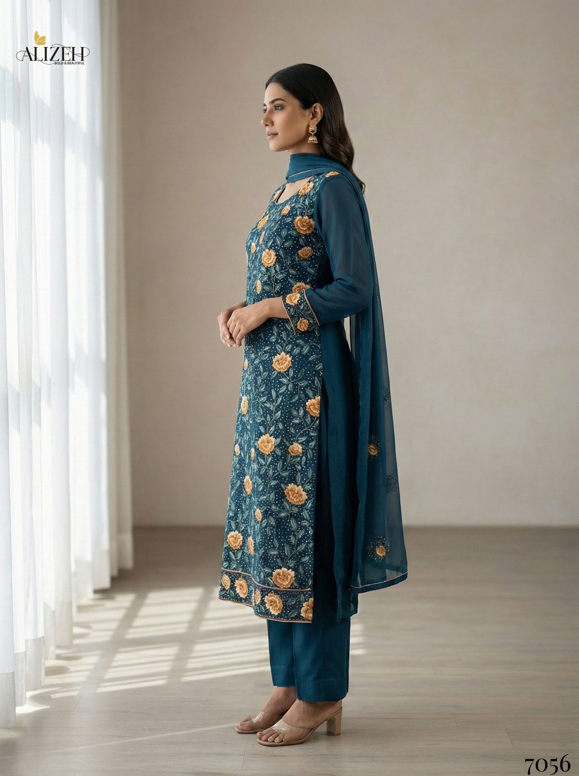 Alizeh 7054 To 7057 Georgette With Embroidered Work Kurti Pant And Dupatta