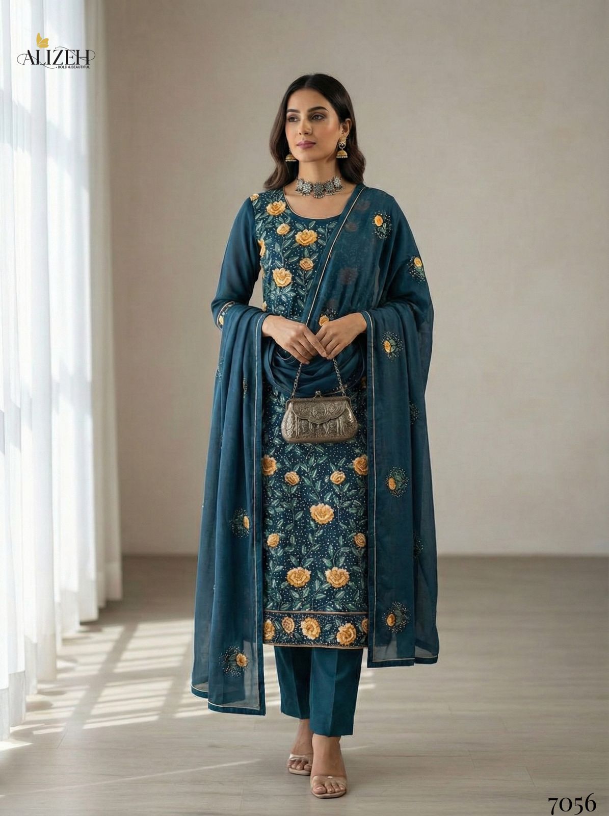 Alizeh 7054 To 7057 Georgette With Embroidered Work Kurti Pant And Dupatta