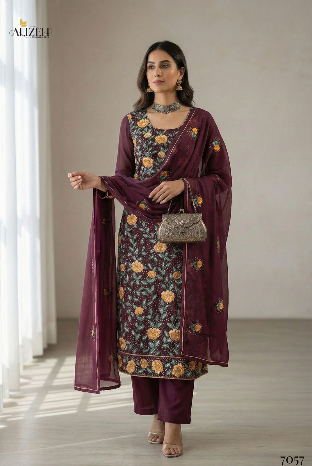 Alizeh 7054 To 7057 Georgette With Embroidered Work Kurti Pant And Dupatta