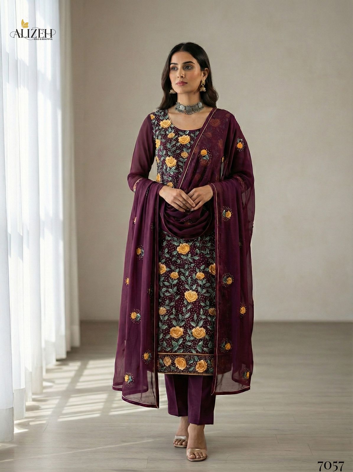 Alizeh 7054 To 7057 Georgette With Embroidered Work Kurti Pant And Dupatta