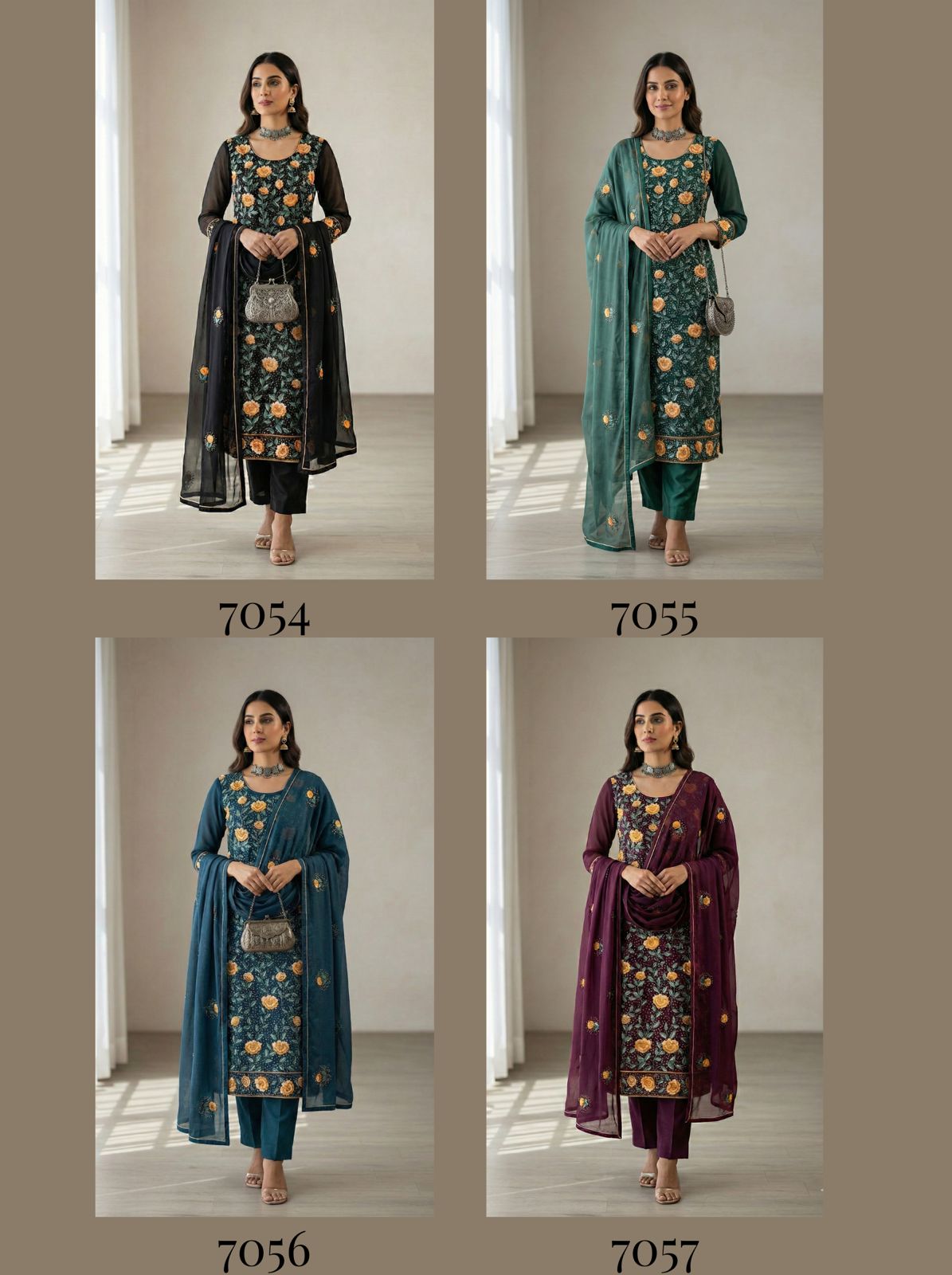 Alizeh 7054 To 7057 Georgette With Embroidered Work Kurti Pant And Dupatta