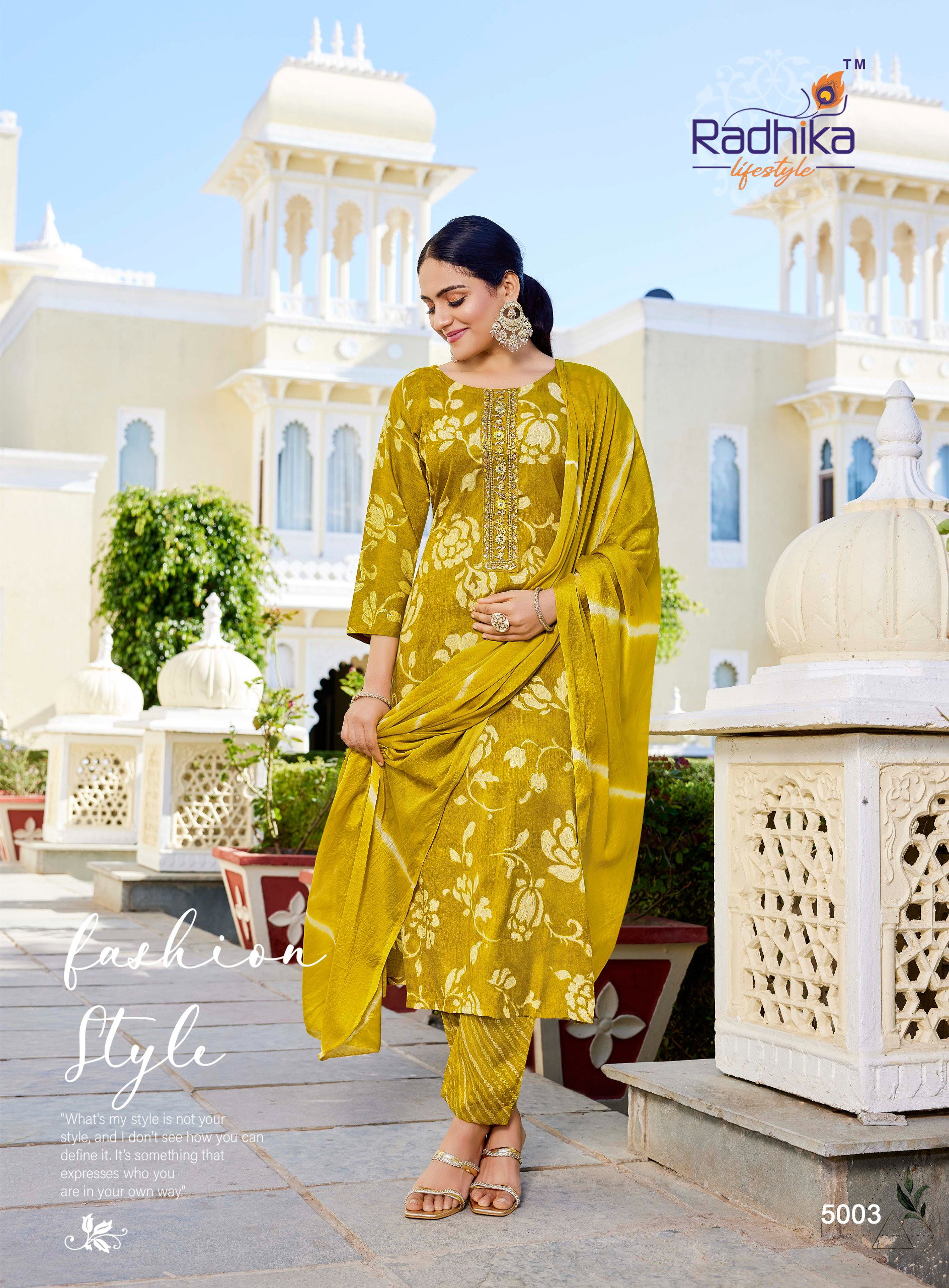 Radhika Siri Vol 5 Rayon Foil Printed Kurti Pant And Dupatta Collection