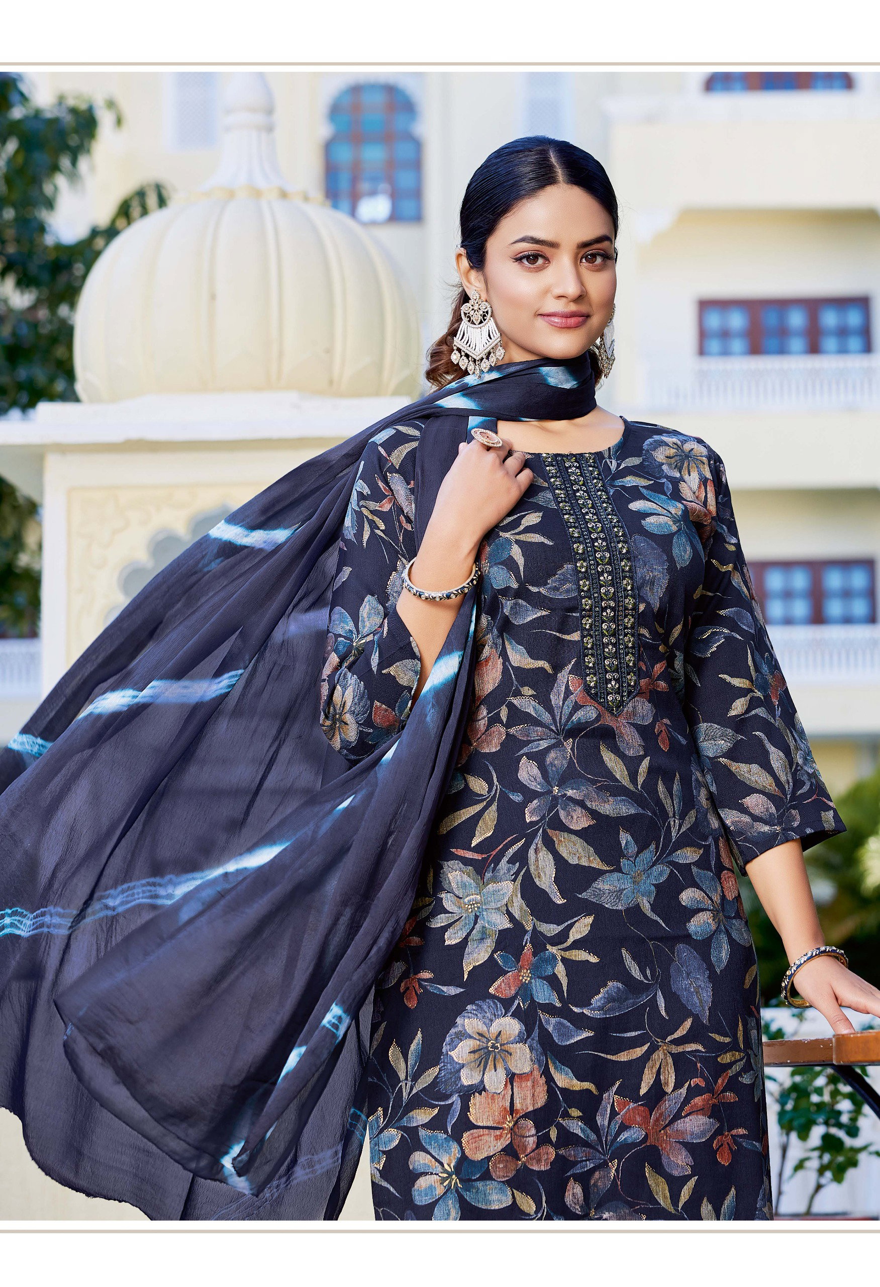 Radhika Siri Vol 5 Rayon Foil Printed Kurti Pant And Dupatta Collection