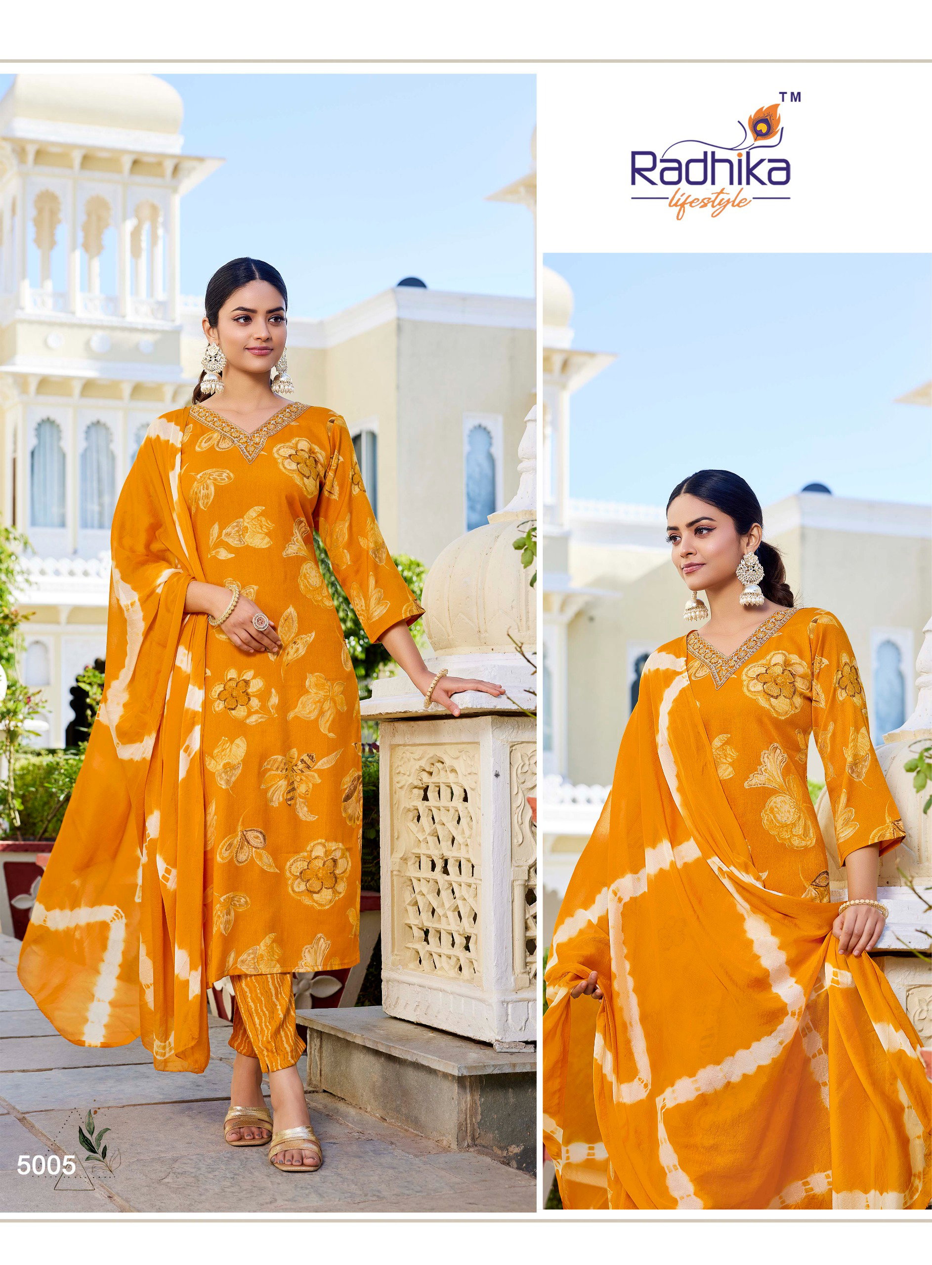 Radhika Siri Vol 5 Rayon Foil Printed Kurti Pant And Dupatta Collection
