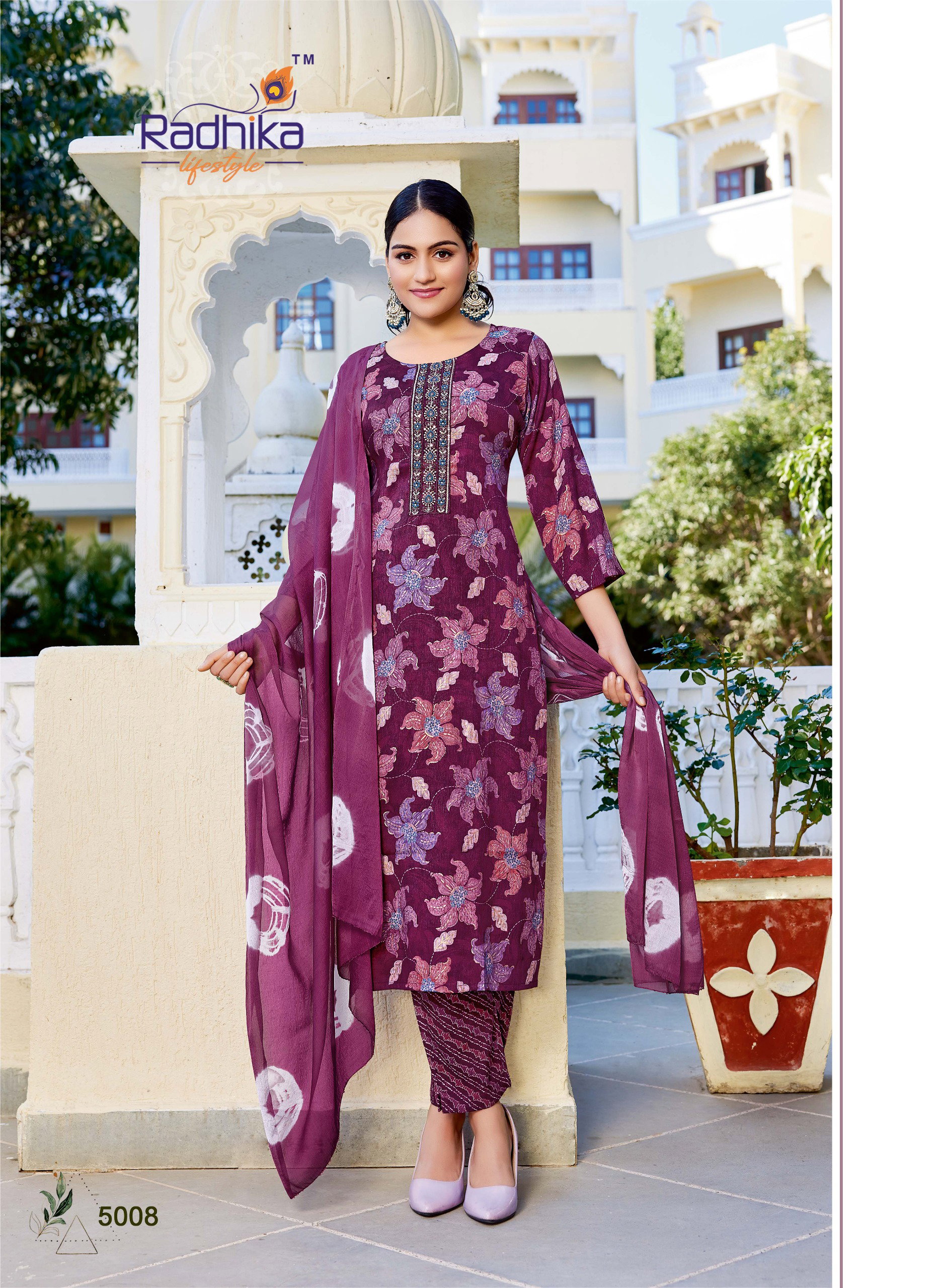 Radhika Siri Vol 5 Rayon Foil Printed Kurti Pant And Dupatta Collection