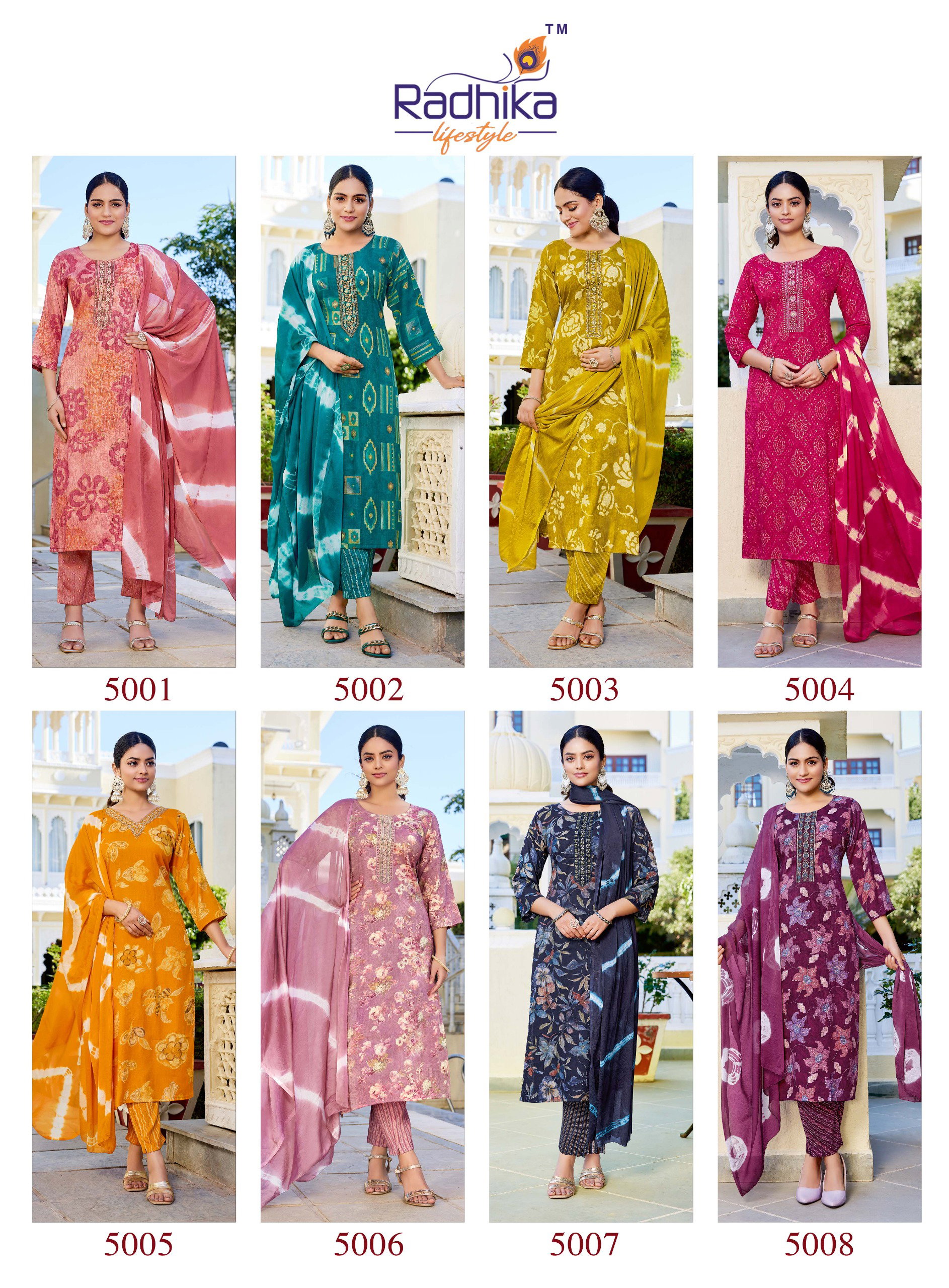 Radhika Siri Vol 5 Rayon Foil Printed Kurti Pant And Dupatta Collection