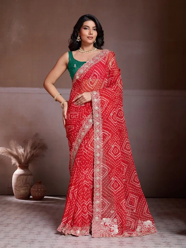 Viv Priyal Georgette Bandhani Printed Saree