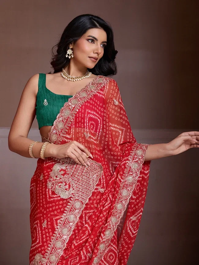 Viv Priyal Georgette Bandhani Printed Saree