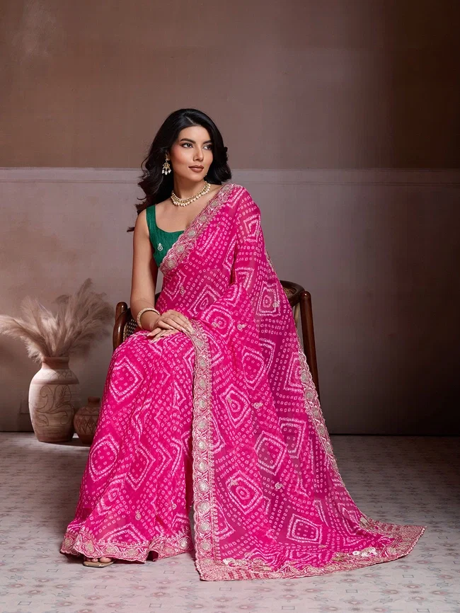 Viv Priyal Georgette Bandhani Printed Saree