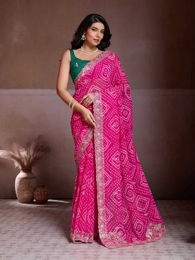 Viv Priyal Georgette Bandhani Printed Saree