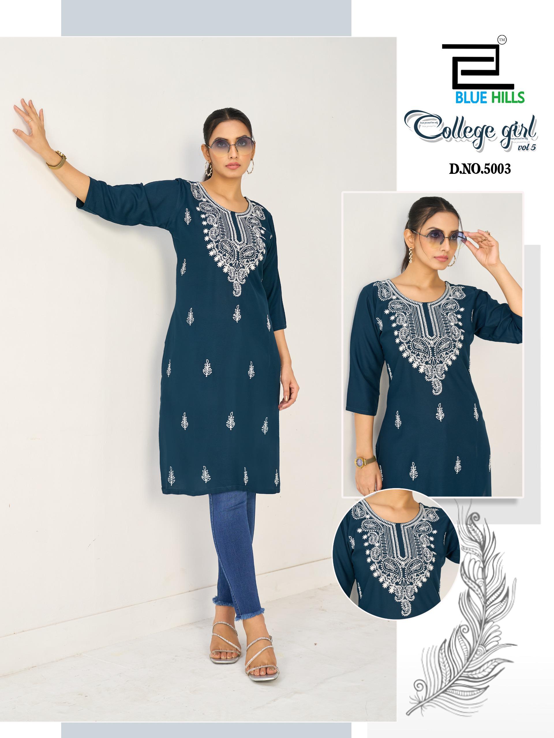 Blue Hills College Girl Vol 5 Rayon Embroidery Casual Wear Kurti Collection