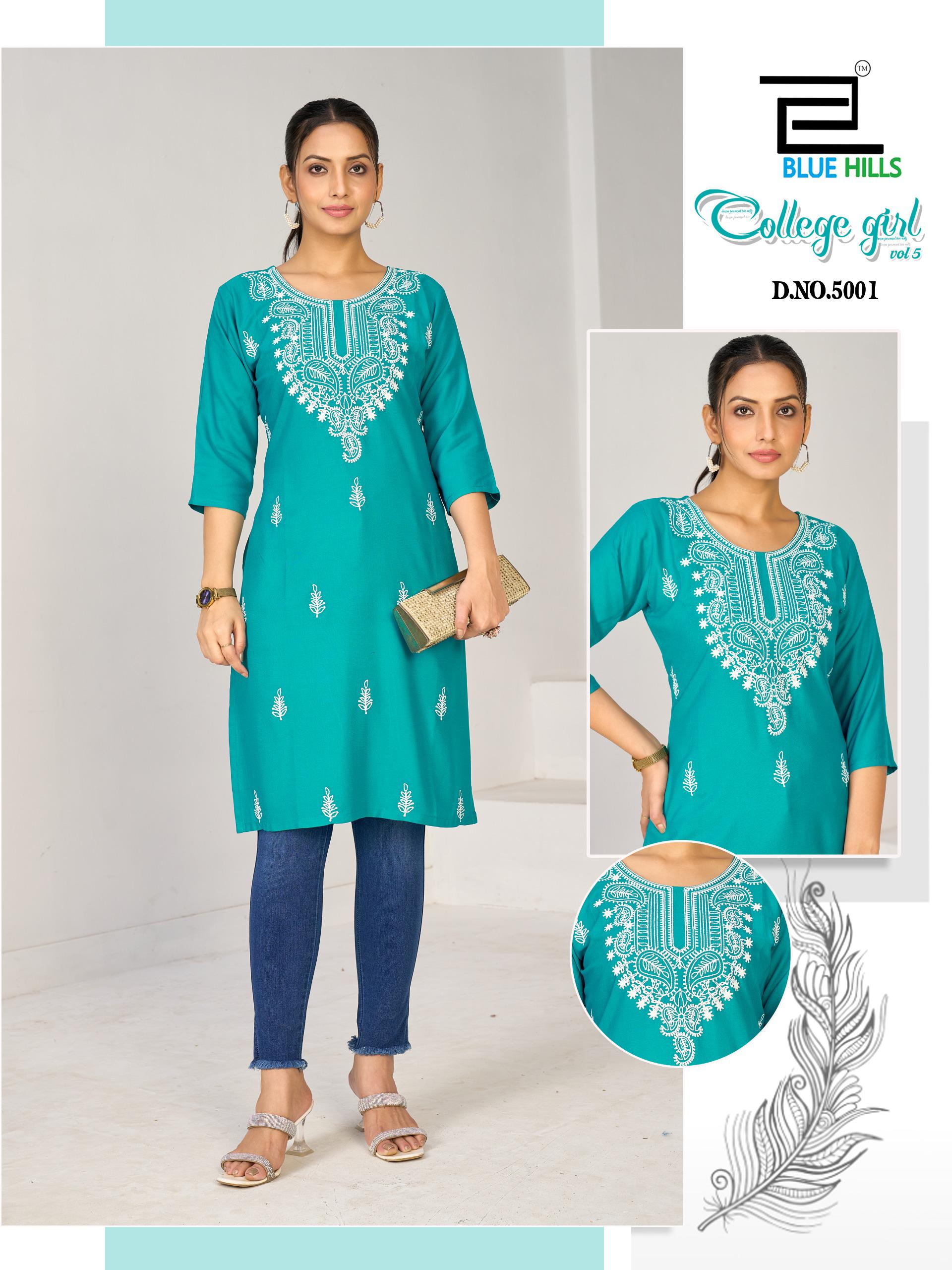 Blue Hills College Girl Vol 5 Rayon Embroidery Casual Wear Kurti Collection