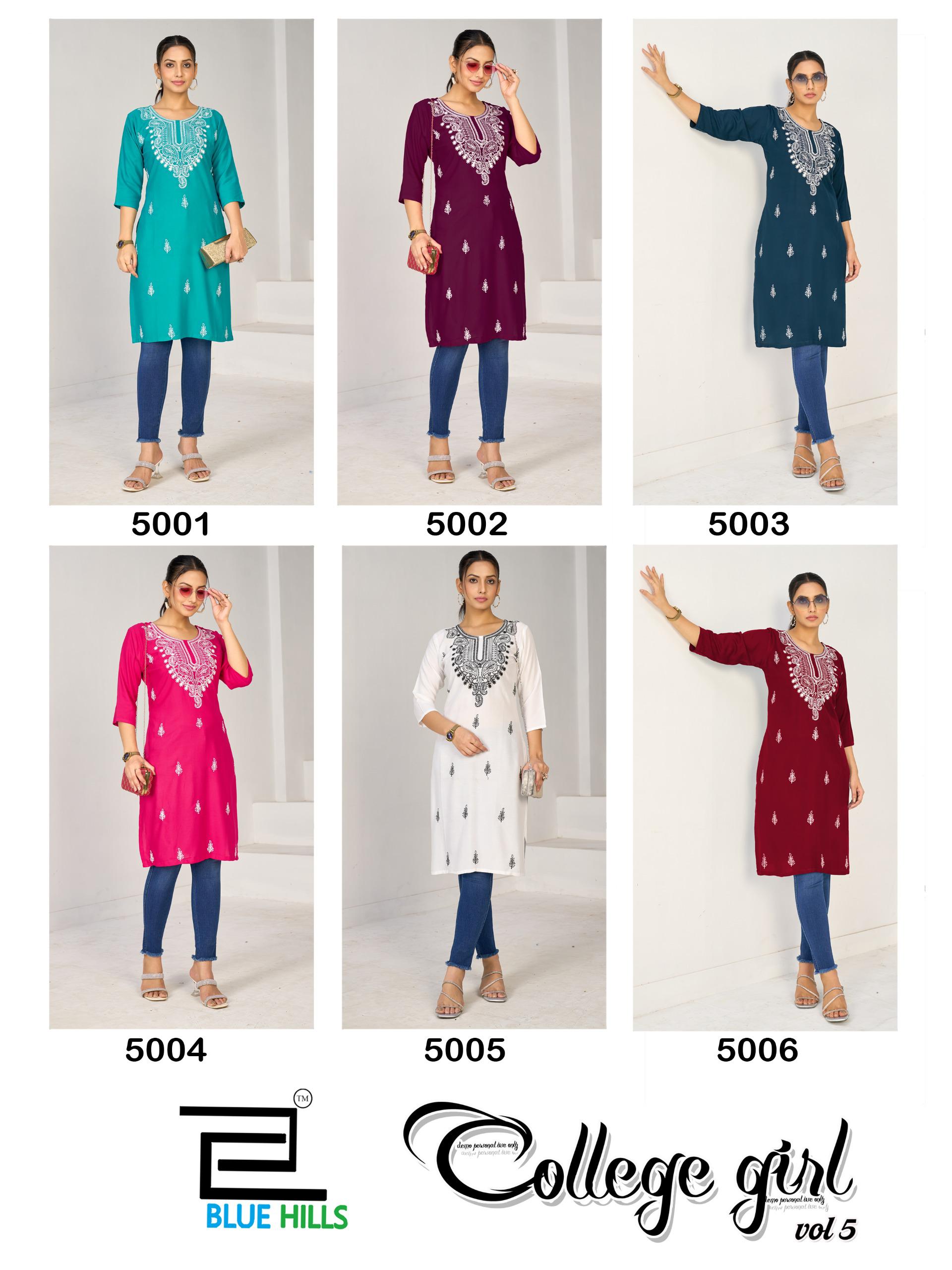 Blue Hills College Girl Vol 5 Rayon Embroidery Casual Wear Kurti Collection