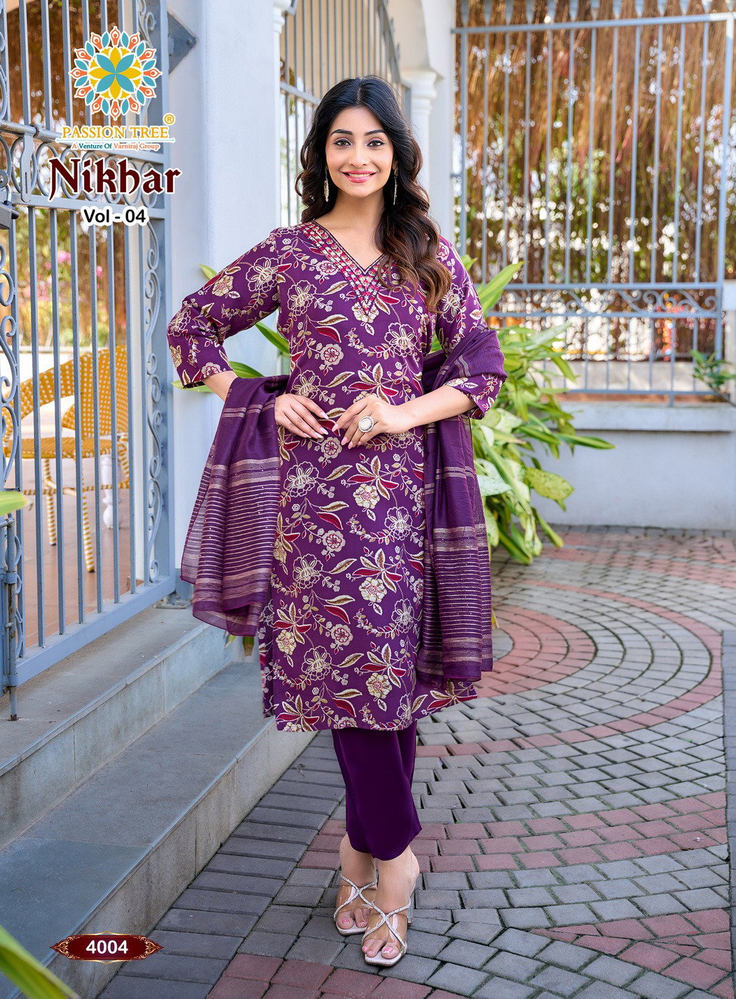 Nikhar Vol 4 By Passion Tree Rayon With Foil Print Top Bottom And Dupatta