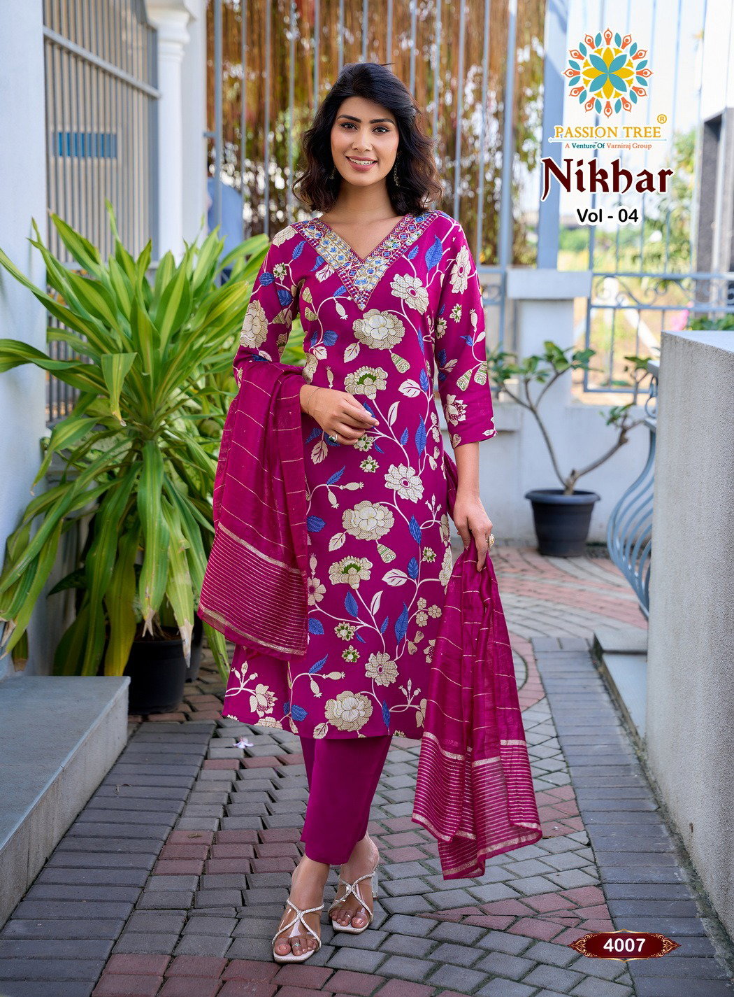 Nikhar Vol 4 By Passion Tree Rayon With Foil Print Top Bottom And Dupatta