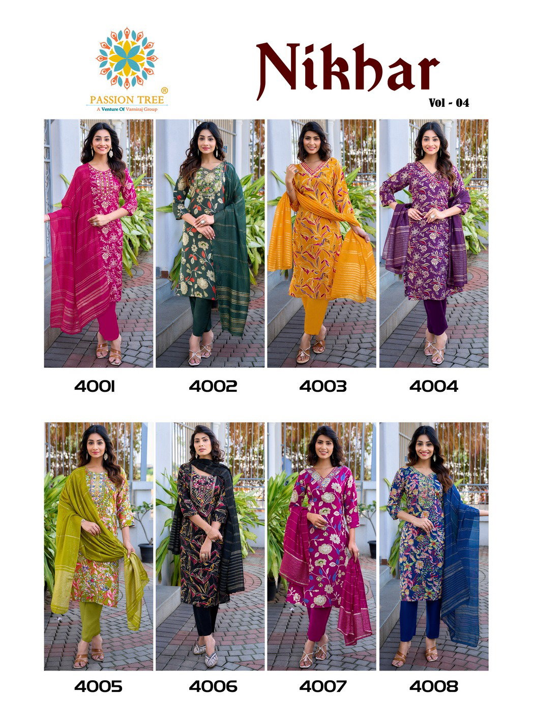 Nikhar Vol 4 By Passion Tree Rayon With Foil Print Top Bottom And Dupatta
