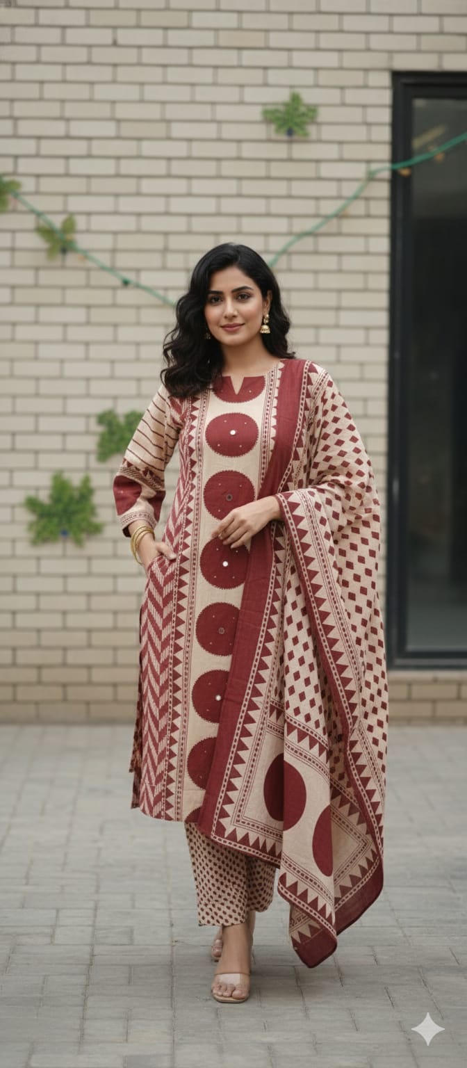 Naisha K 547 Cotton Casual Wear Kurti Pant And Dupatta Collection