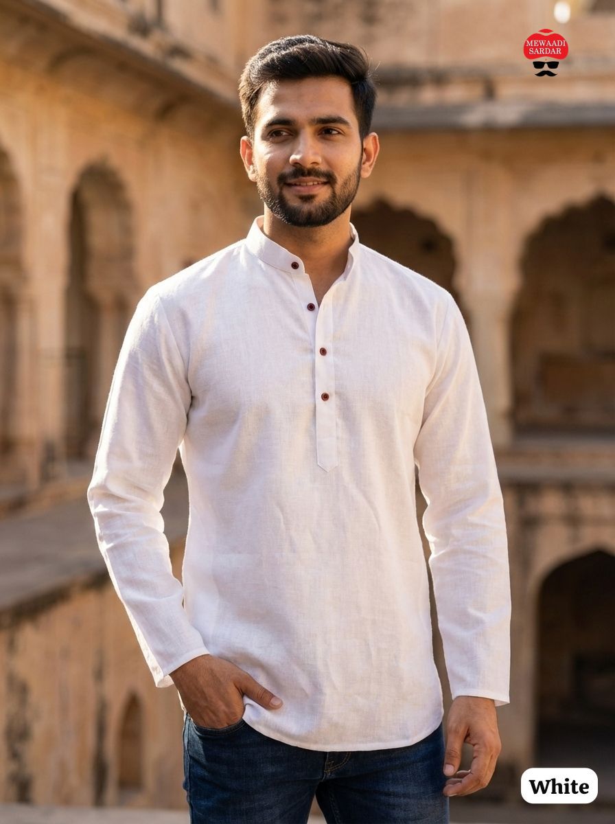 Lekha LI Tradition Khadi Linen Plain Short Mens Kurta