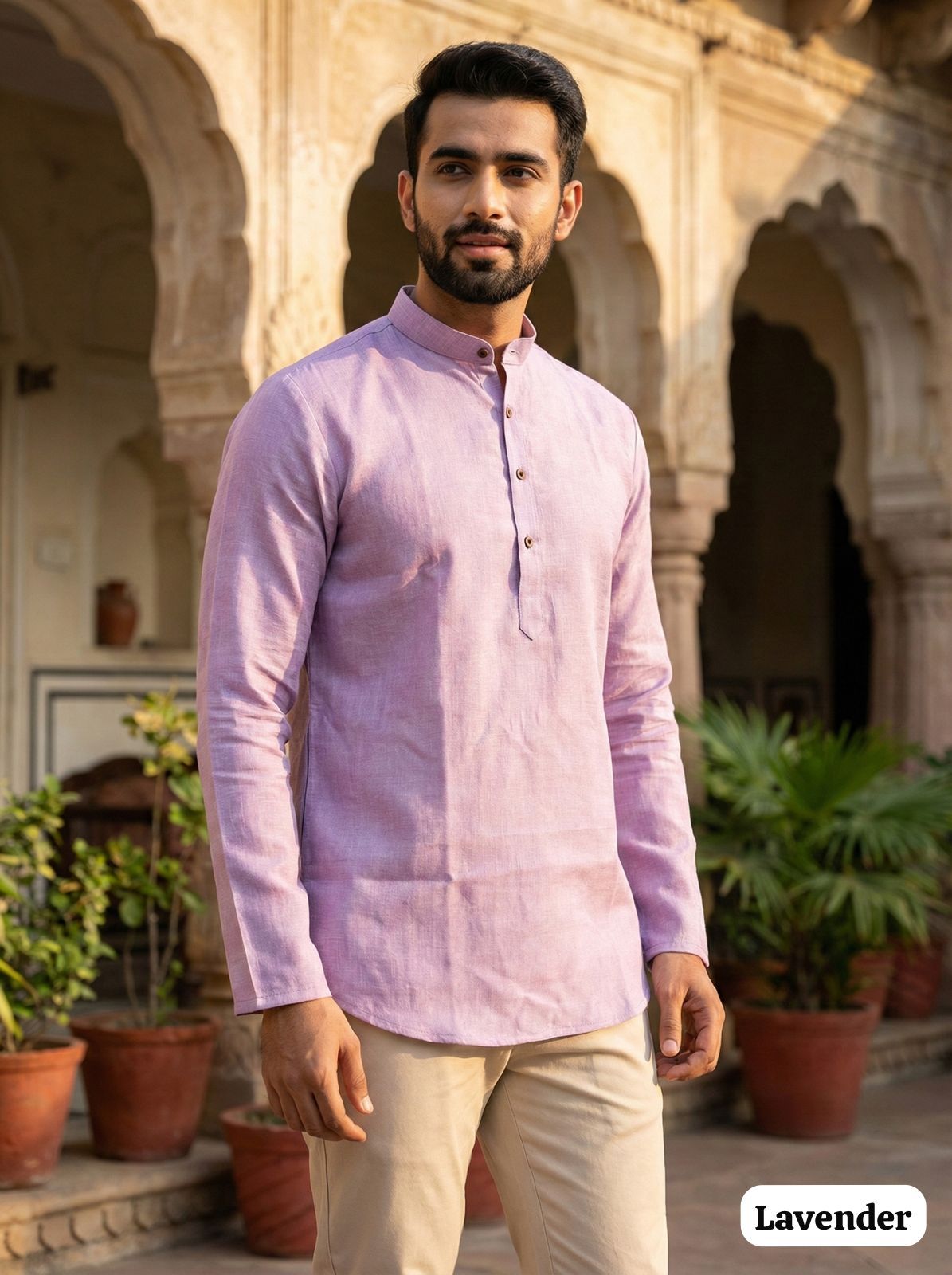 Lekha LI Tradition Khadi Linen Plain Short Mens Kurta