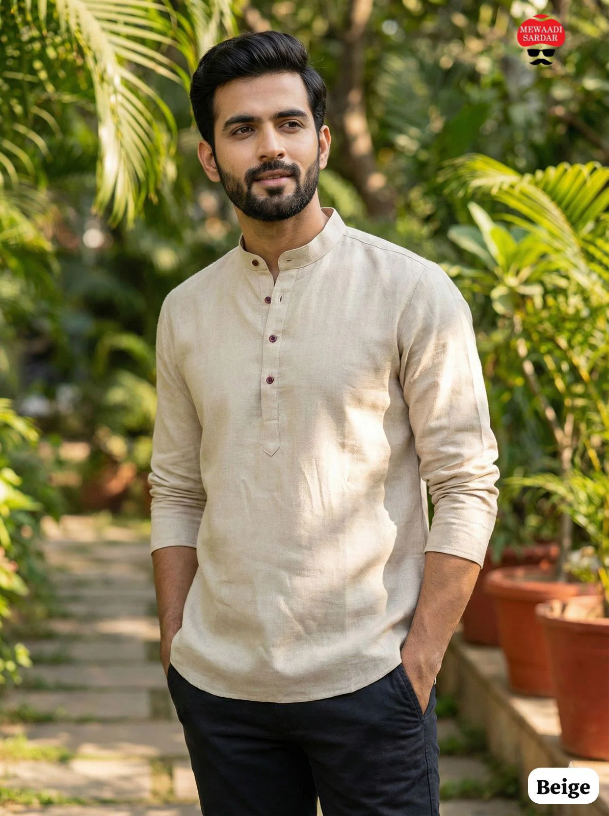 Lekha LI Tradition Khadi Linen Plain Short Mens Kurta