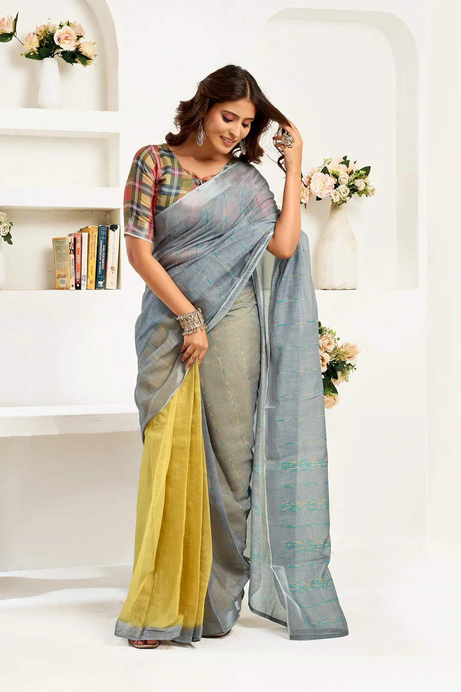 Meera 327 Party Wear Printed Linen Fabric Ready to Wear Saree with Un Stitched Blouse