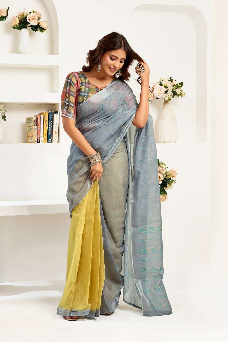 Meera 327 Party Wear Printed Linen Fabric Ready to Wear Saree with Un Stitched Blouse