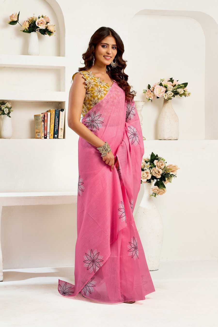 Meera 327 Party Wear Printed Linen Fabric Ready to Wear Saree with Un Stitched Blouse