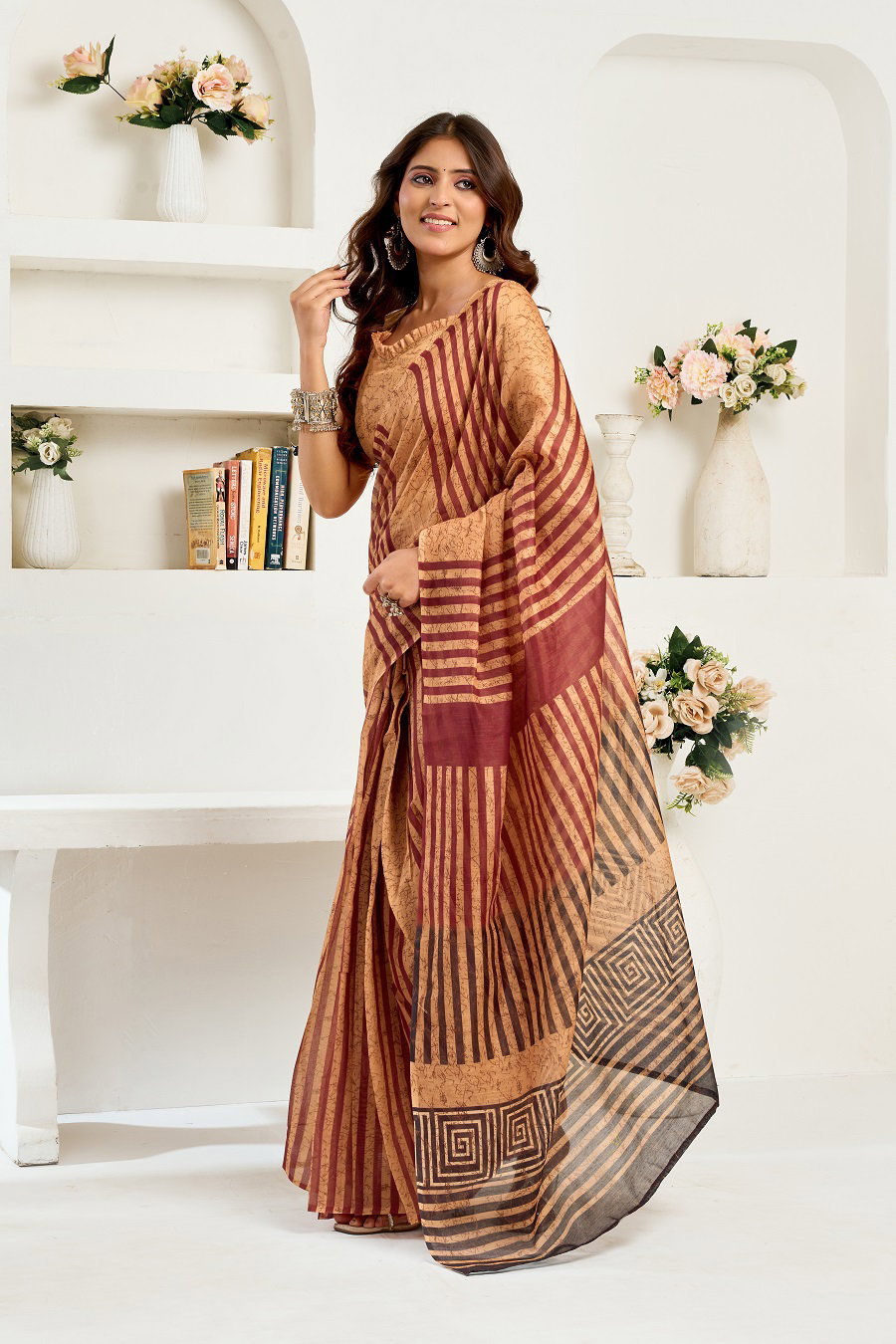 Meera 327 Party Wear Printed Linen Fabric Ready to Wear Saree with Un Stitched Blouse