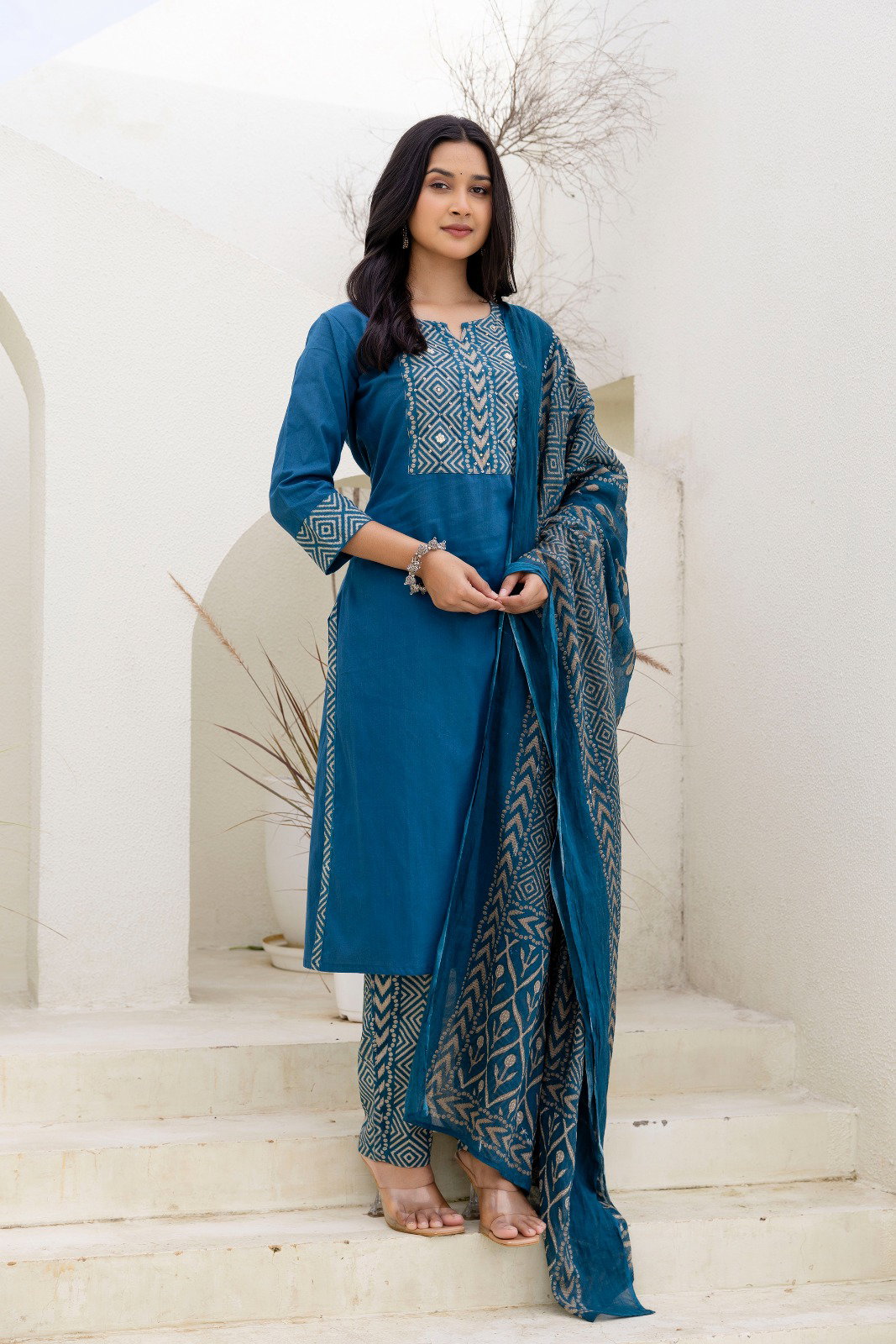 Naisha K 553 Cotton With Moti Handwork Kurti Pant And Dupatta Collection