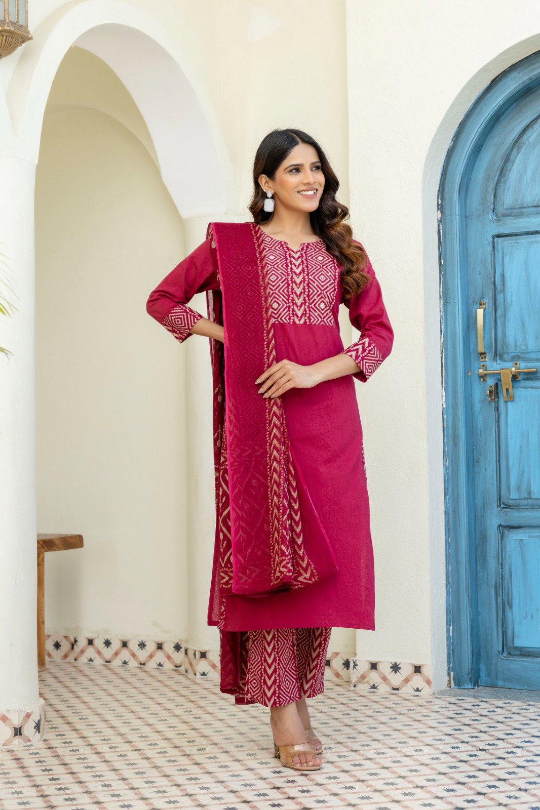 Naisha K 553 Cotton With Moti Handwork Kurti Pant And Dupatta Collection