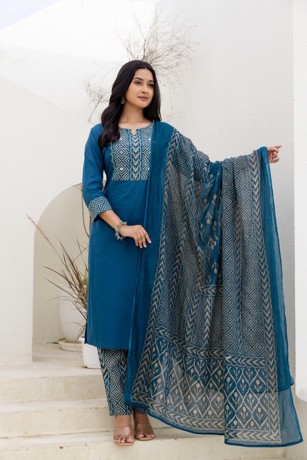 Naisha K 553 Cotton With Moti Handwork Kurti Pant And Dupatta Collection