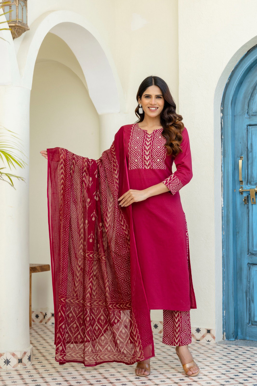 Naisha K 553 Cotton With Moti Handwork Kurti Pant And Dupatta Collection