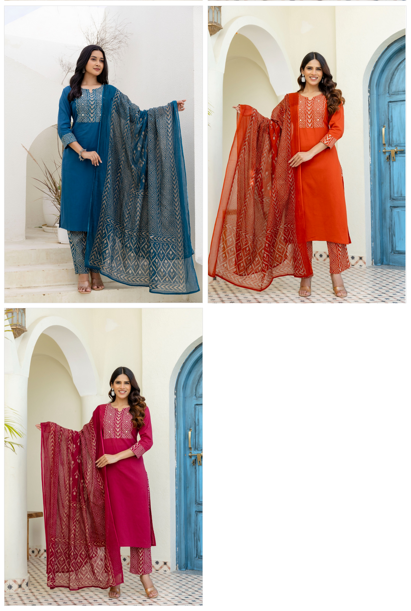 Naisha K 553 Cotton With Moti Handwork Kurti Pant And Dupatta Collection