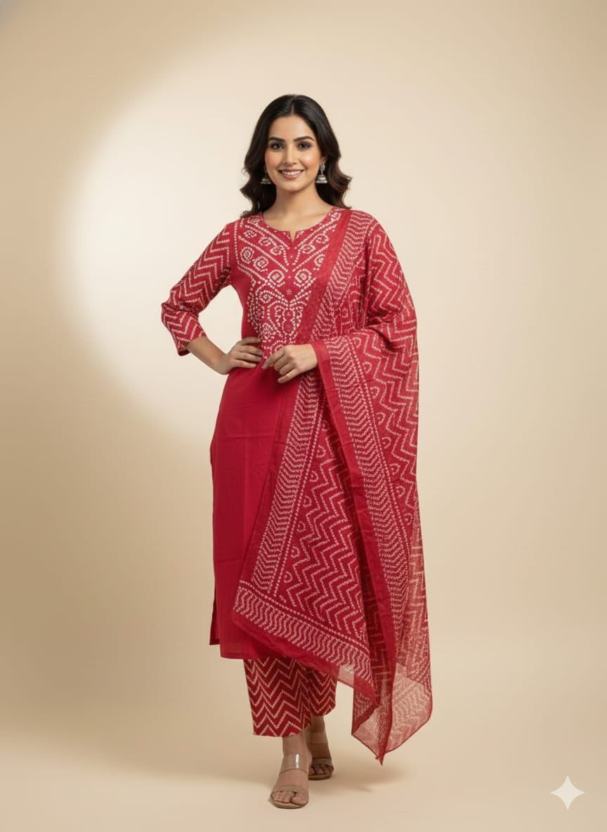 Naisha K 552 Cotton Bandhej Printed Kurti Pant And Dupatta Collection