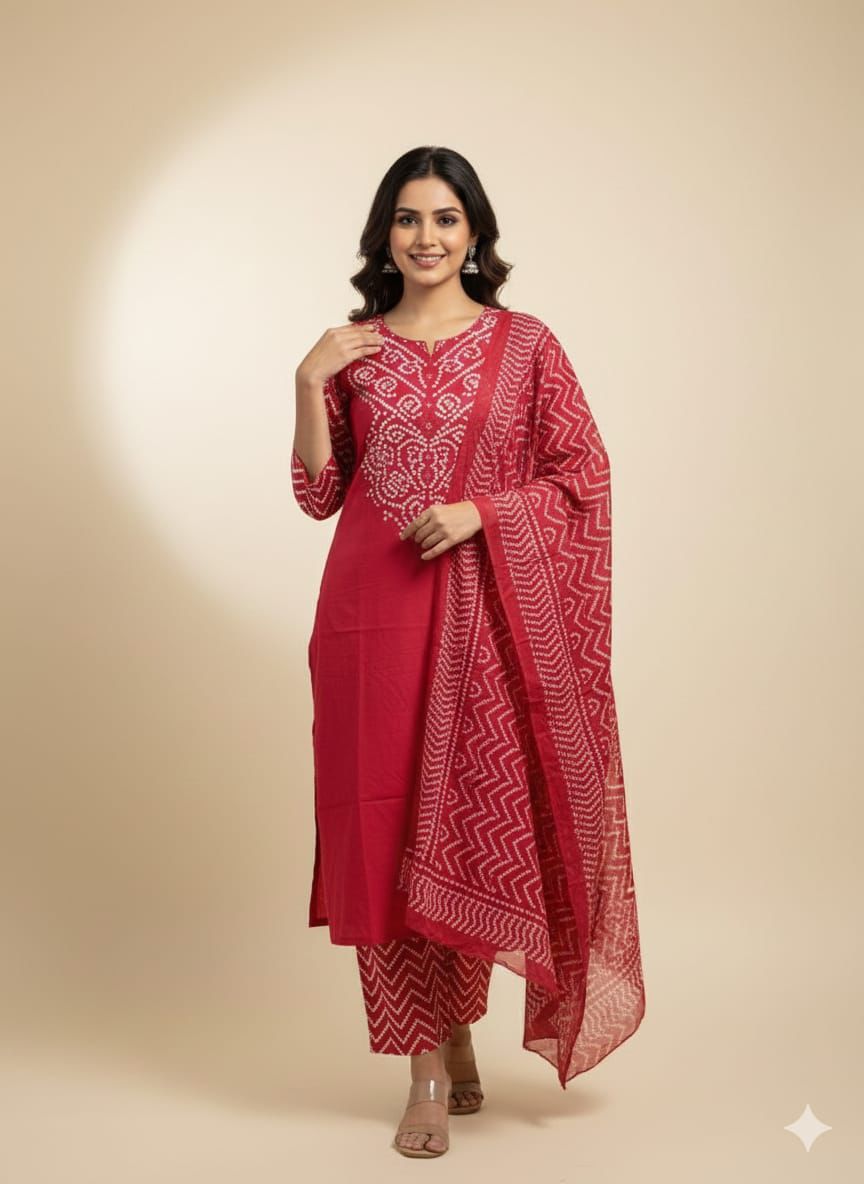 Naisha K 552 Cotton Bandhej Printed Kurti Pant And Dupatta Collection