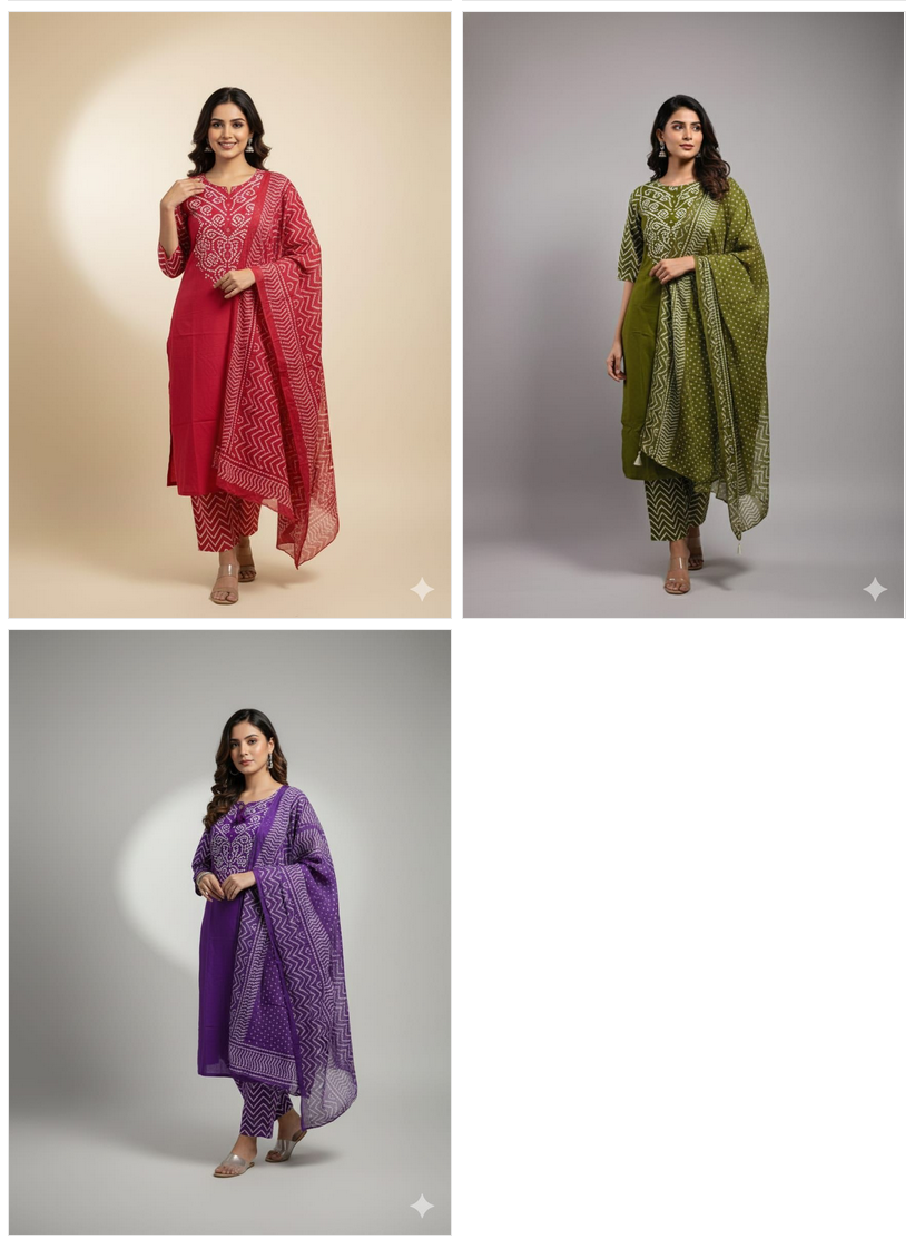 Naisha K 552 Cotton Bandhej Printed Kurti Pant And Dupatta Collection