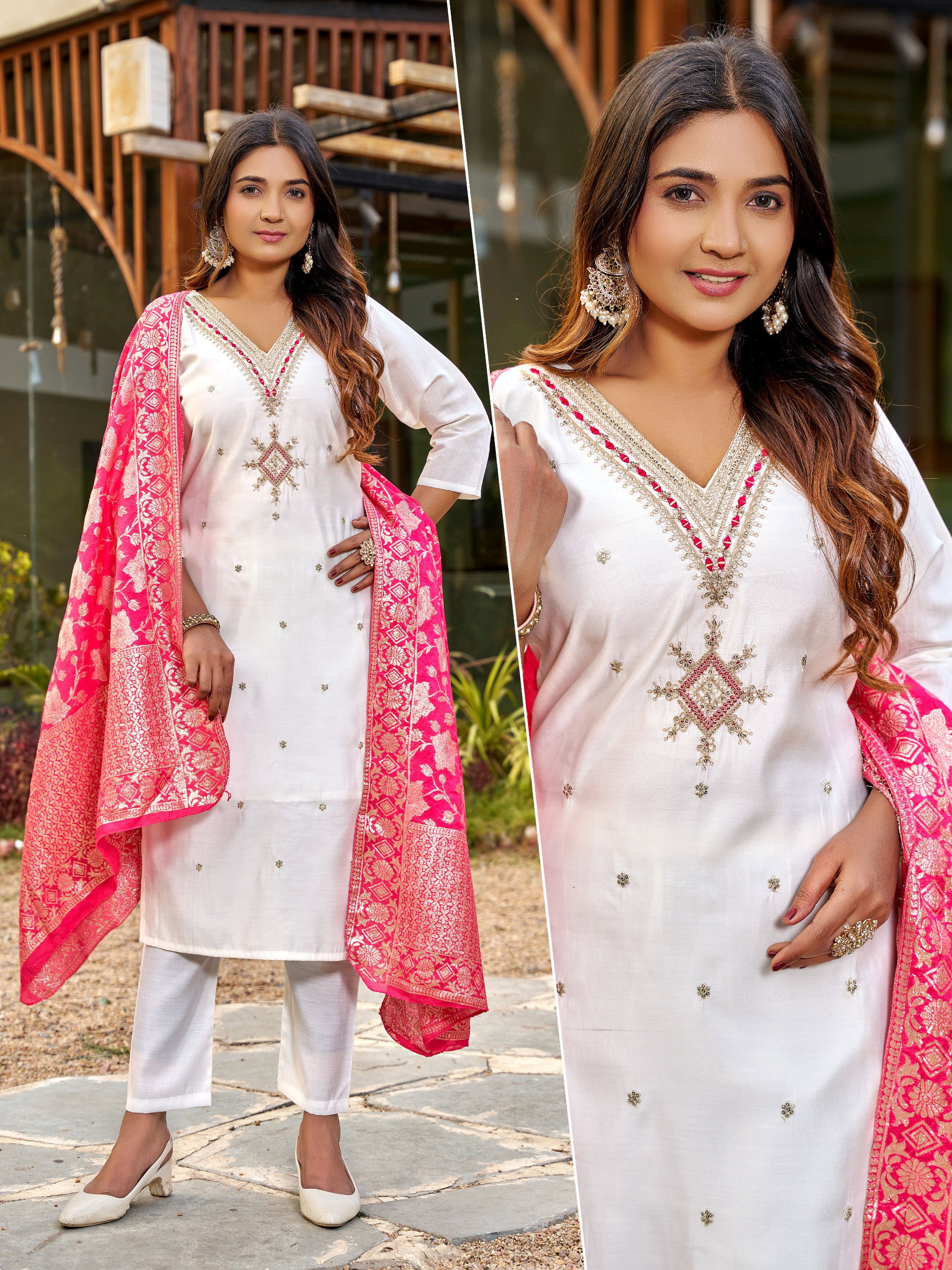 Naisha K 550 Roman Silk With Work Kurti Pant And Dupatta Collection