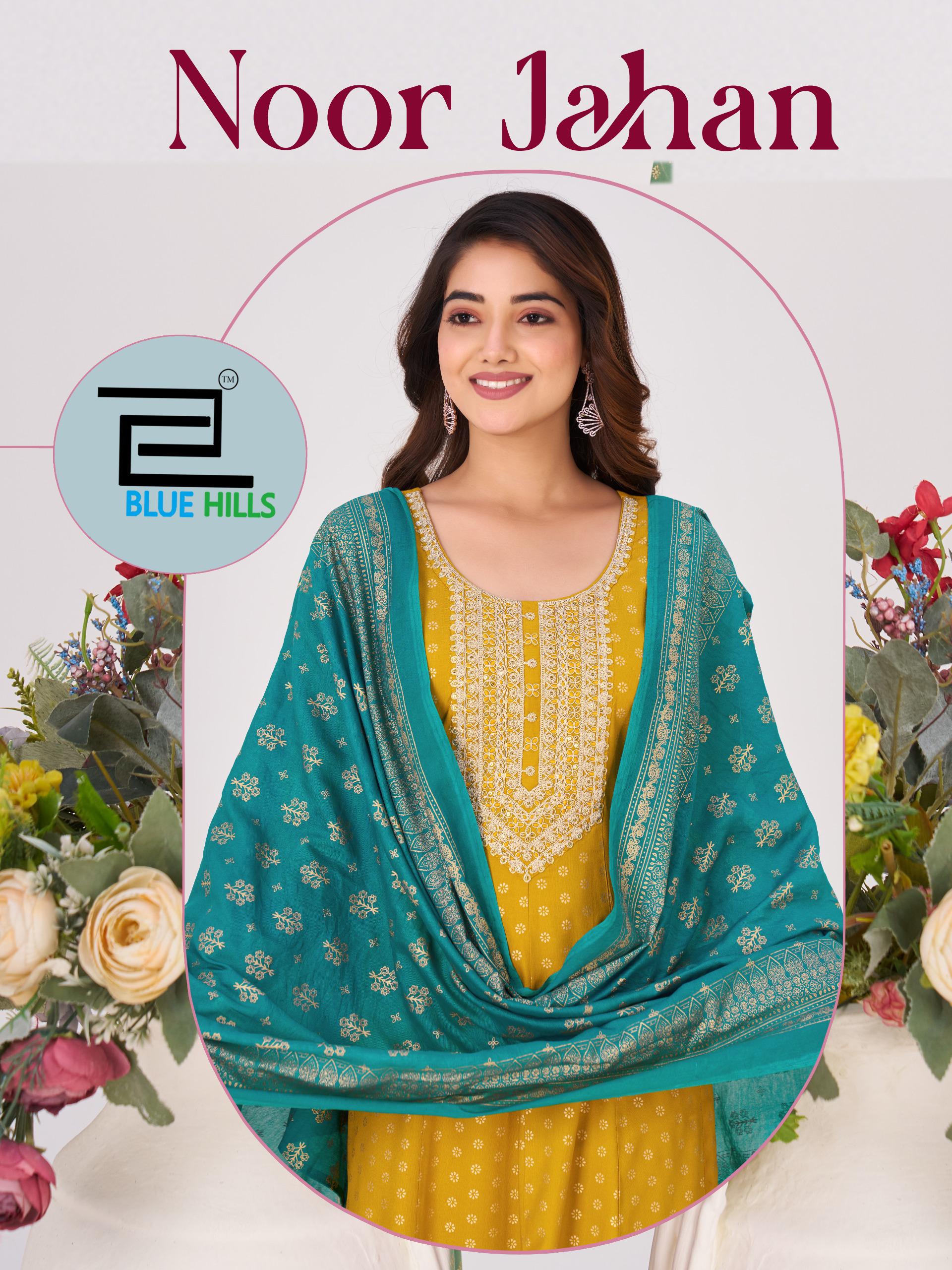 Blue Hills Noor Jahan Chanderi Foil Printed Embroidery Top Bottom And Dupatta