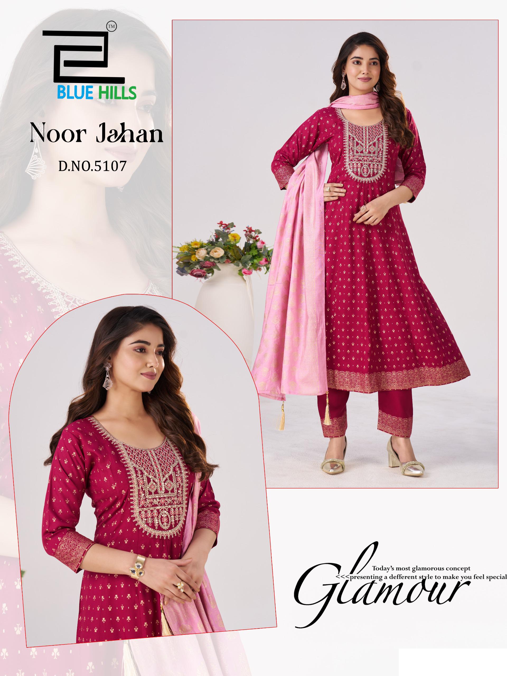 Blue Hills Noor Jahan Chanderi Foil Printed Embroidery Top Bottom And Dupatta