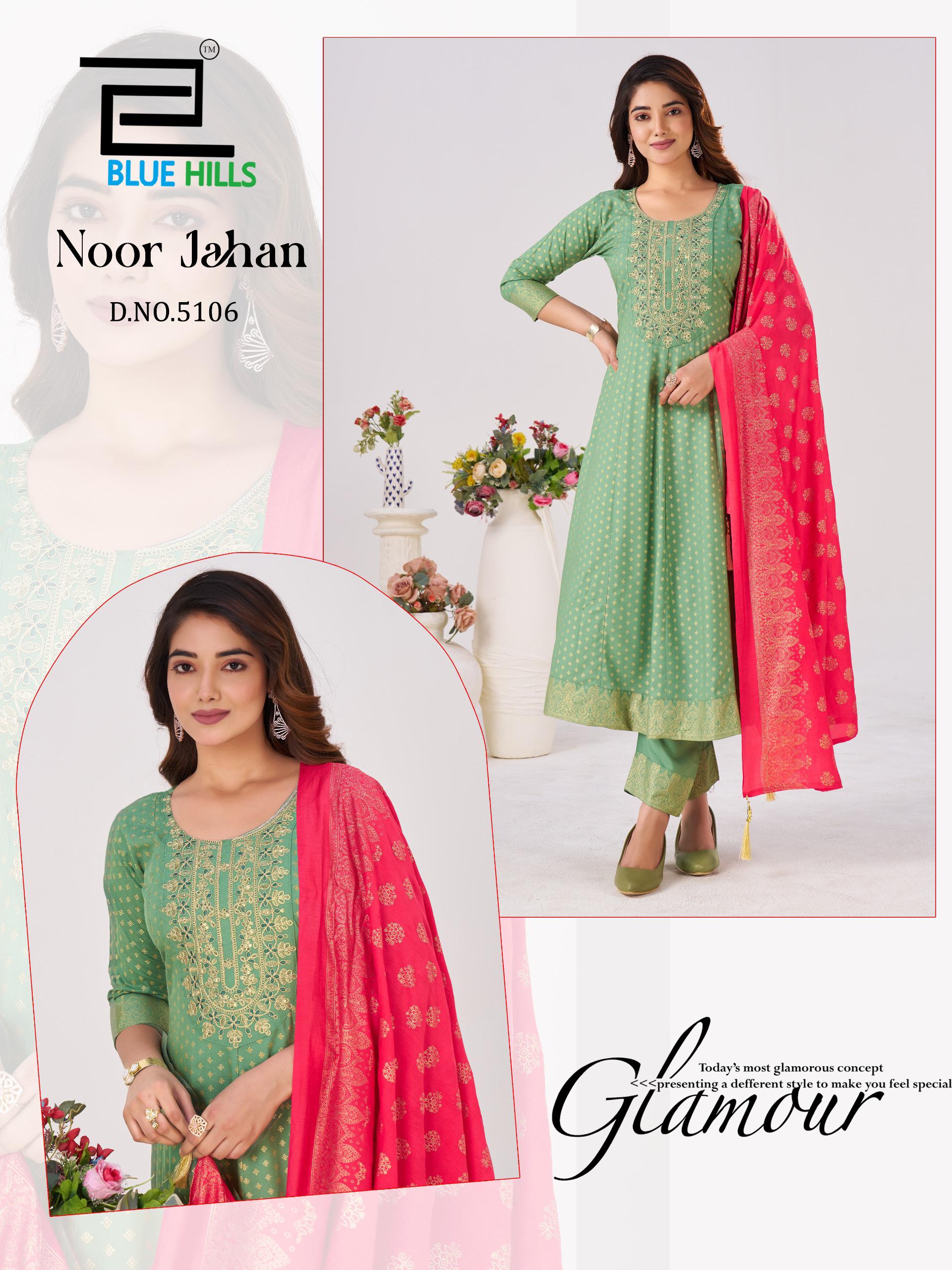 Blue Hills Noor Jahan Chanderi Foil Printed Embroidery Top Bottom And Dupatta