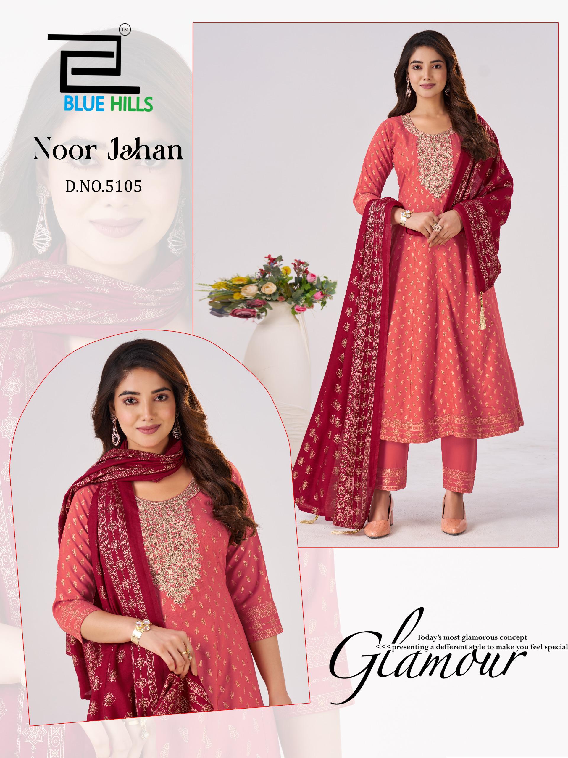 Blue Hills Noor Jahan Chanderi Foil Printed Embroidery Top Bottom And Dupatta