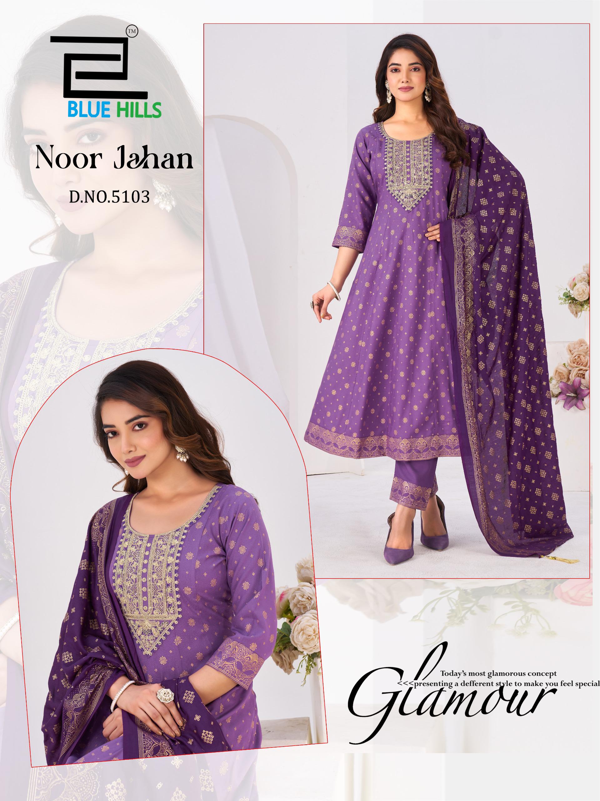 Blue Hills Noor Jahan Chanderi Foil Printed Embroidery Top Bottom And Dupatta