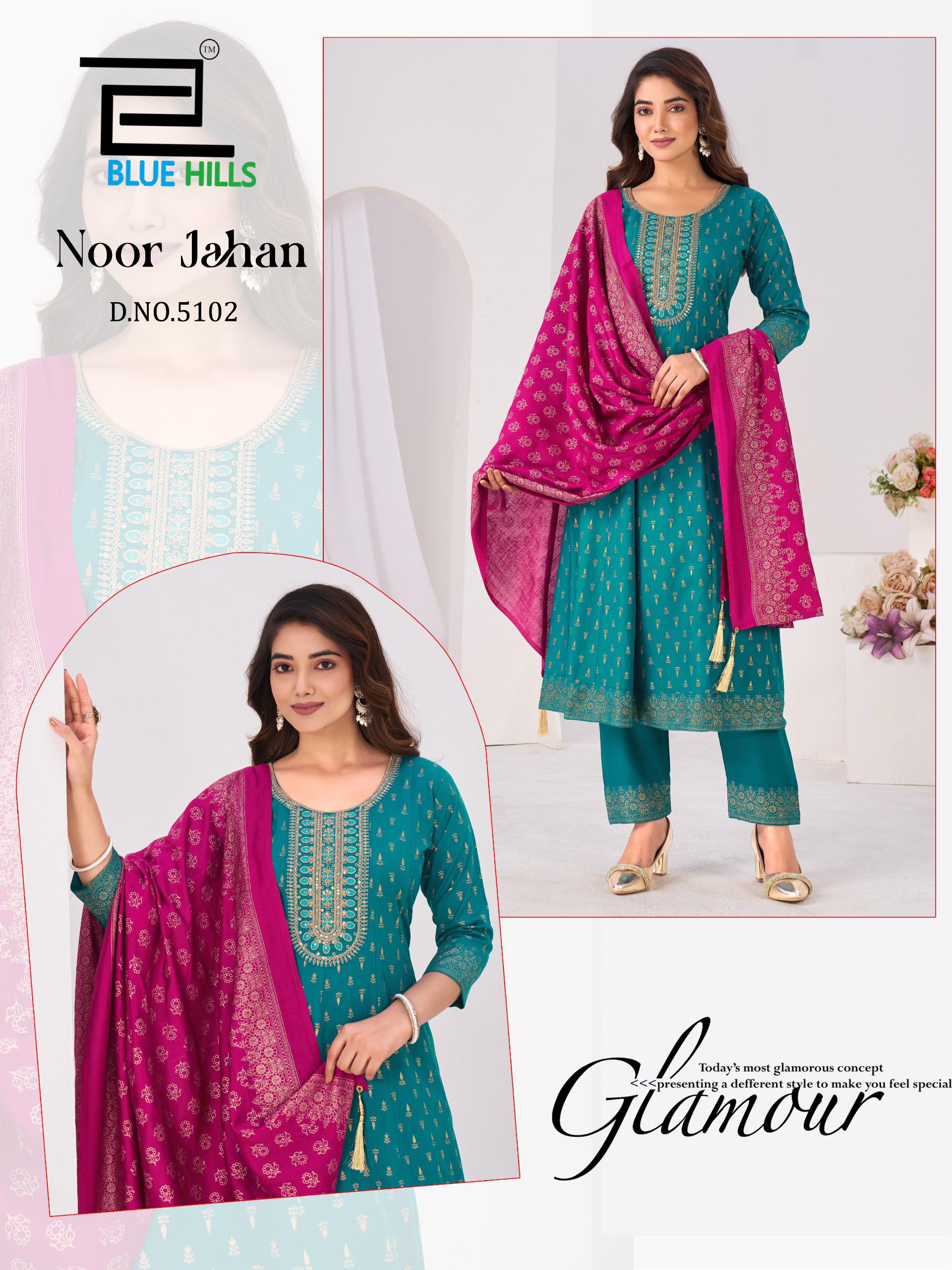 Blue Hills Noor Jahan Chanderi Foil Printed Embroidery Top Bottom And Dupatta