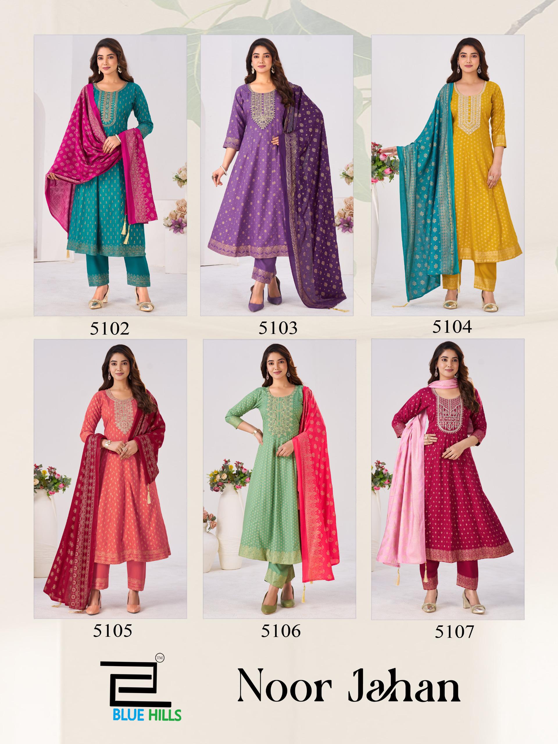 Blue Hills Noor Jahan Chanderi Foil Printed Embroidery Top Bottom And Dupatta