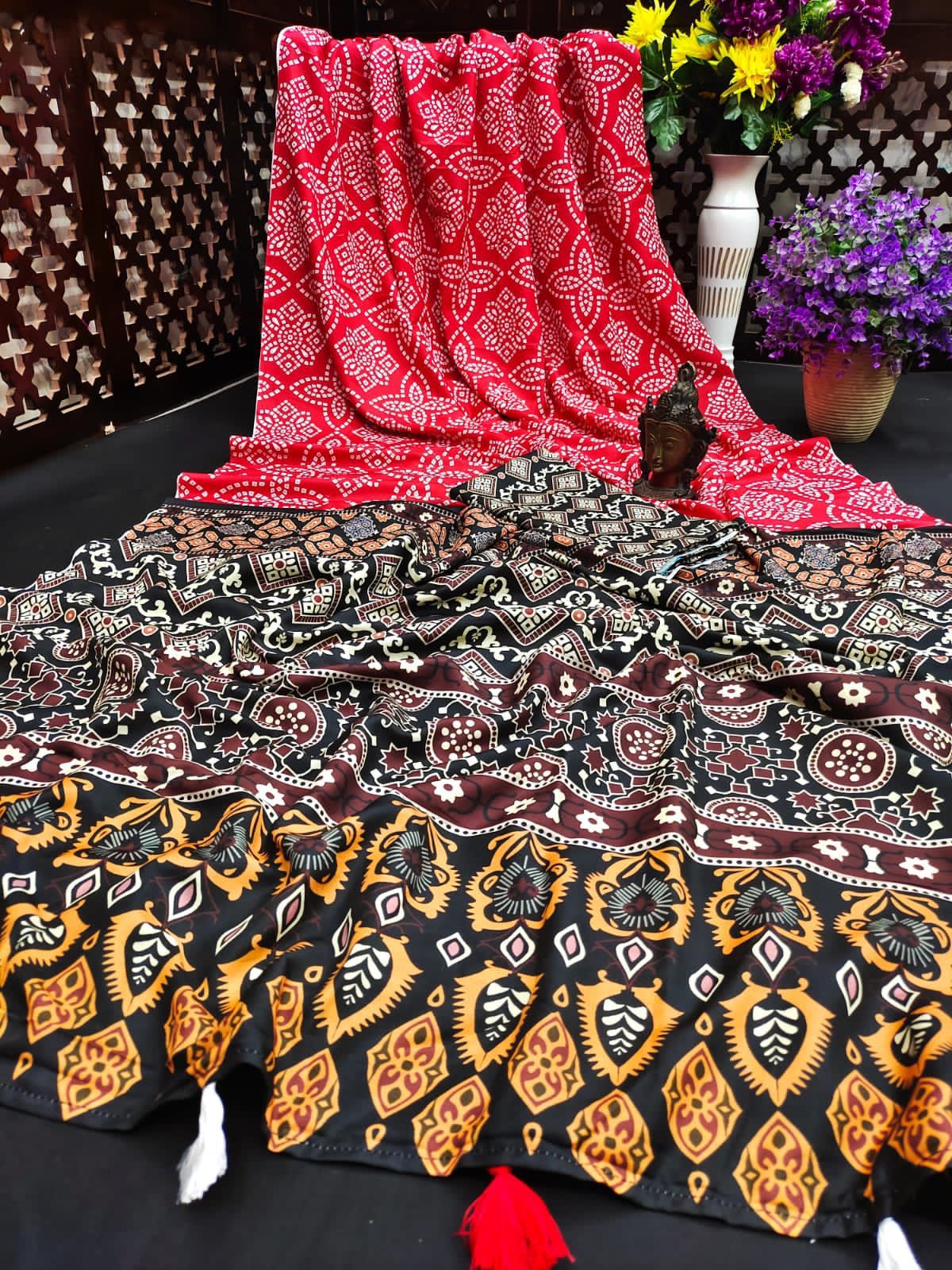 Lekha VC Muslin Silk Kalamkari Print Laheriya Bandhej Saree