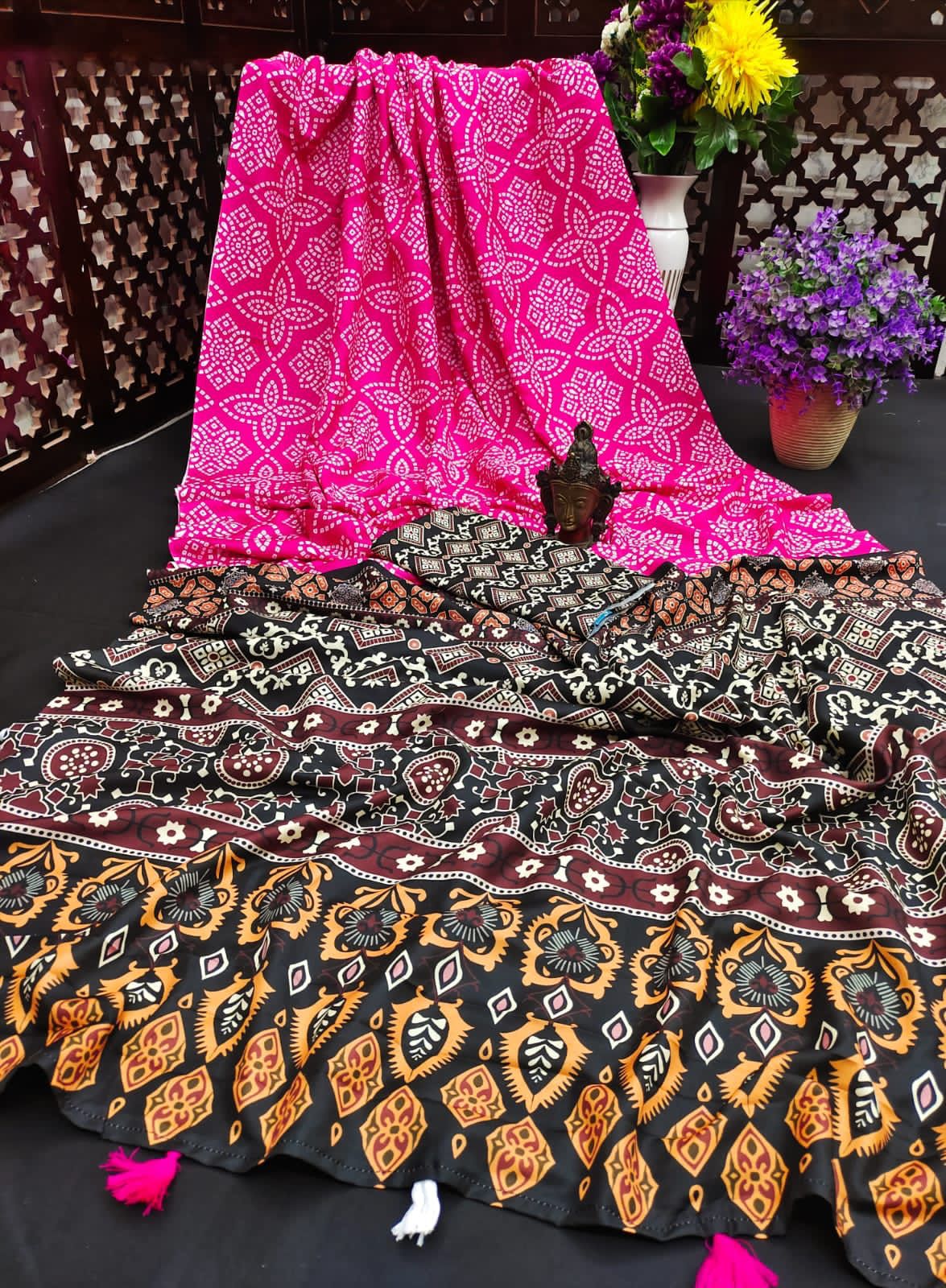 Lekha VC Muslin Silk Kalamkari Print Laheriya Bandhej Saree