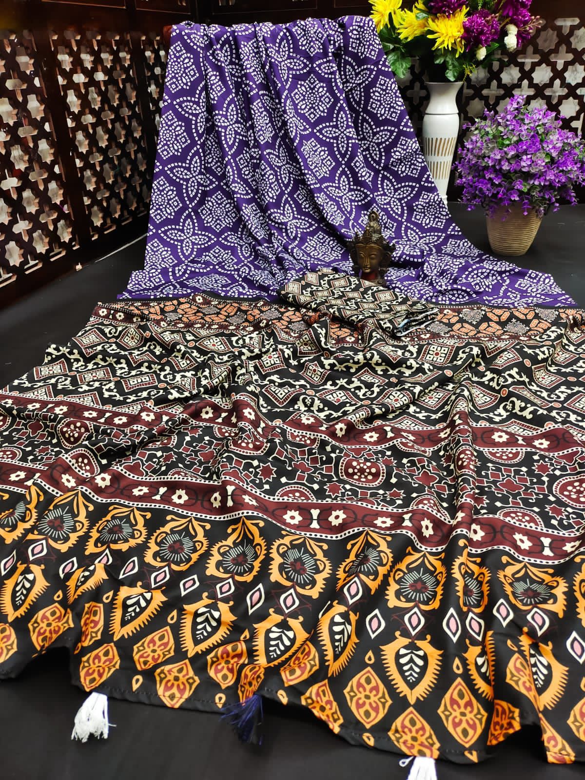 Lekha VC Muslin Silk Kalamkari Print Laheriya Bandhej Saree